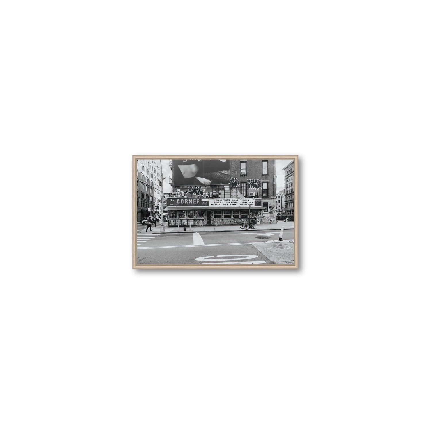 Kenmare Street New York NYC Black & White wall art Small fine art canvas in natural oak float frame