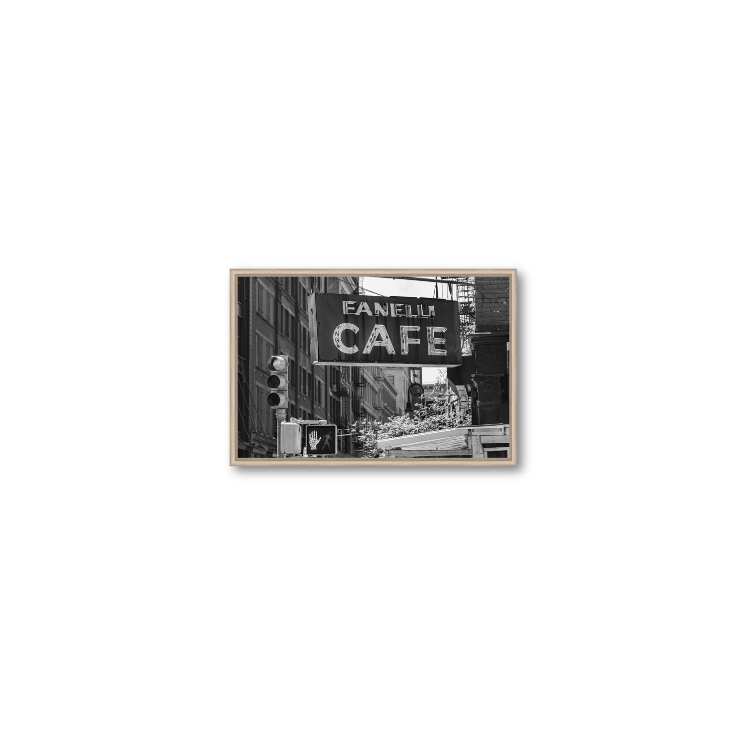 Soho Neon New York NYC Black & White wall art Small fine art canvas in natural oak float frame