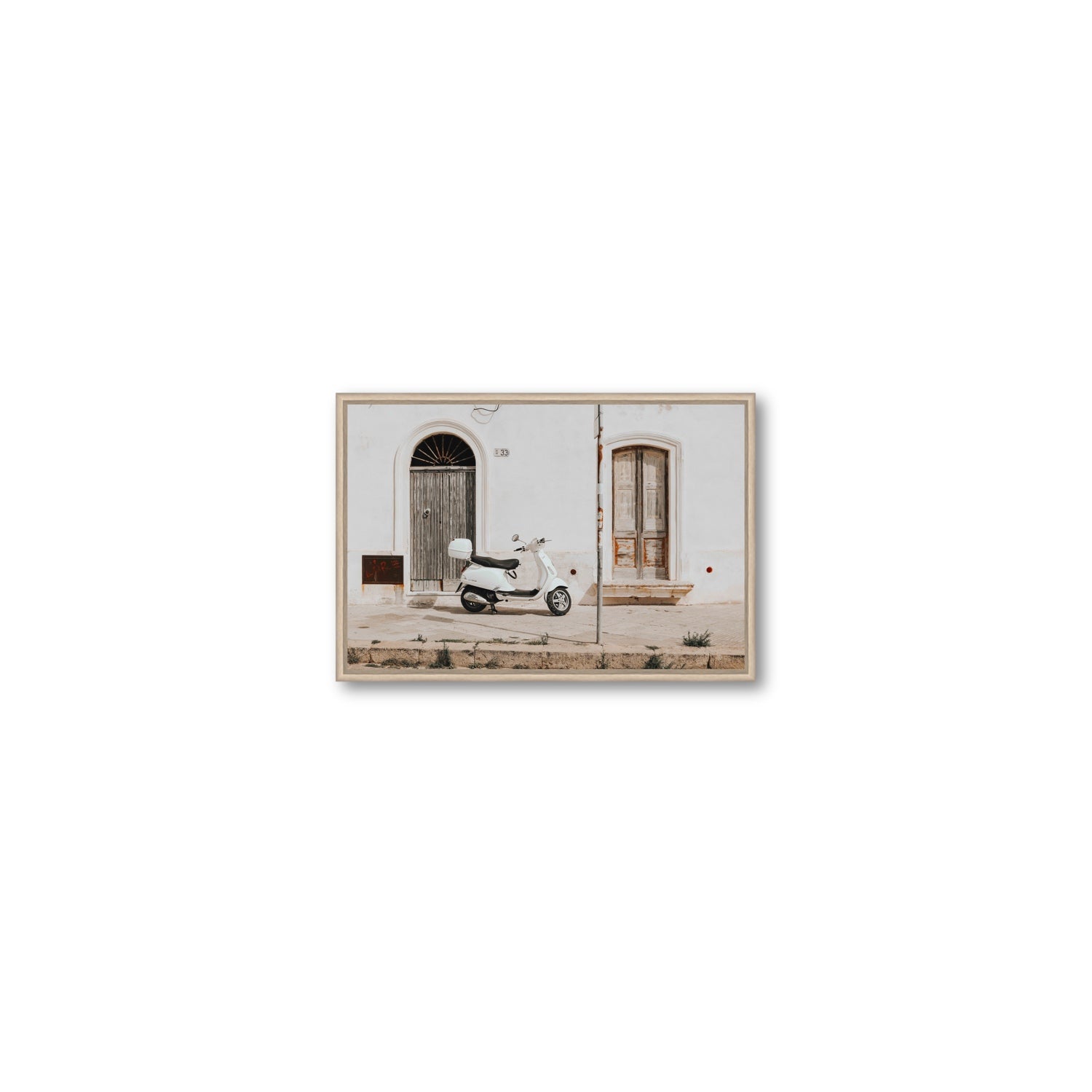 Vespa Nostalgia Puglia Italian wall art Small fine art canvas in natural oak float frame