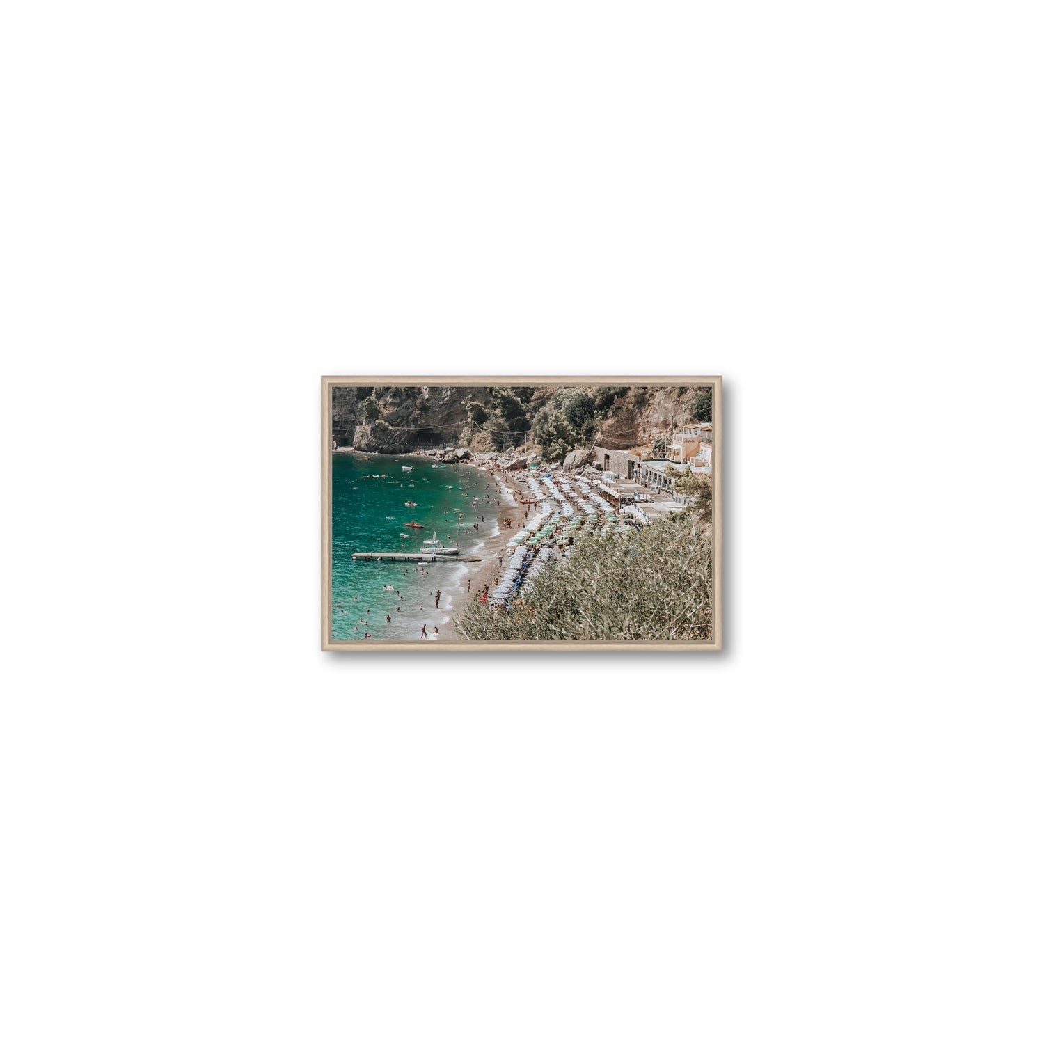 Fornillo Beach fine art print, Positano, Italy, Small, Natural Oak Float Frame, Fine Art Canvas