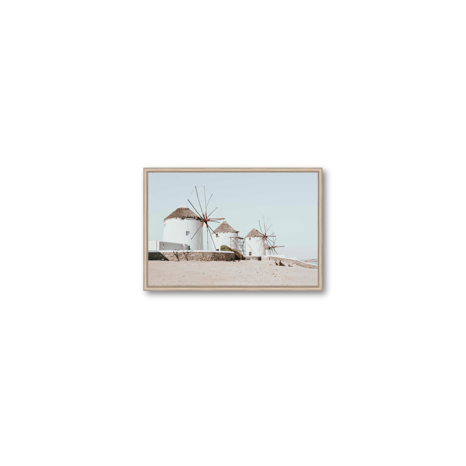Rustic Icons Mykonos Greek island wall art Small fine art canvas in natural oak float frame