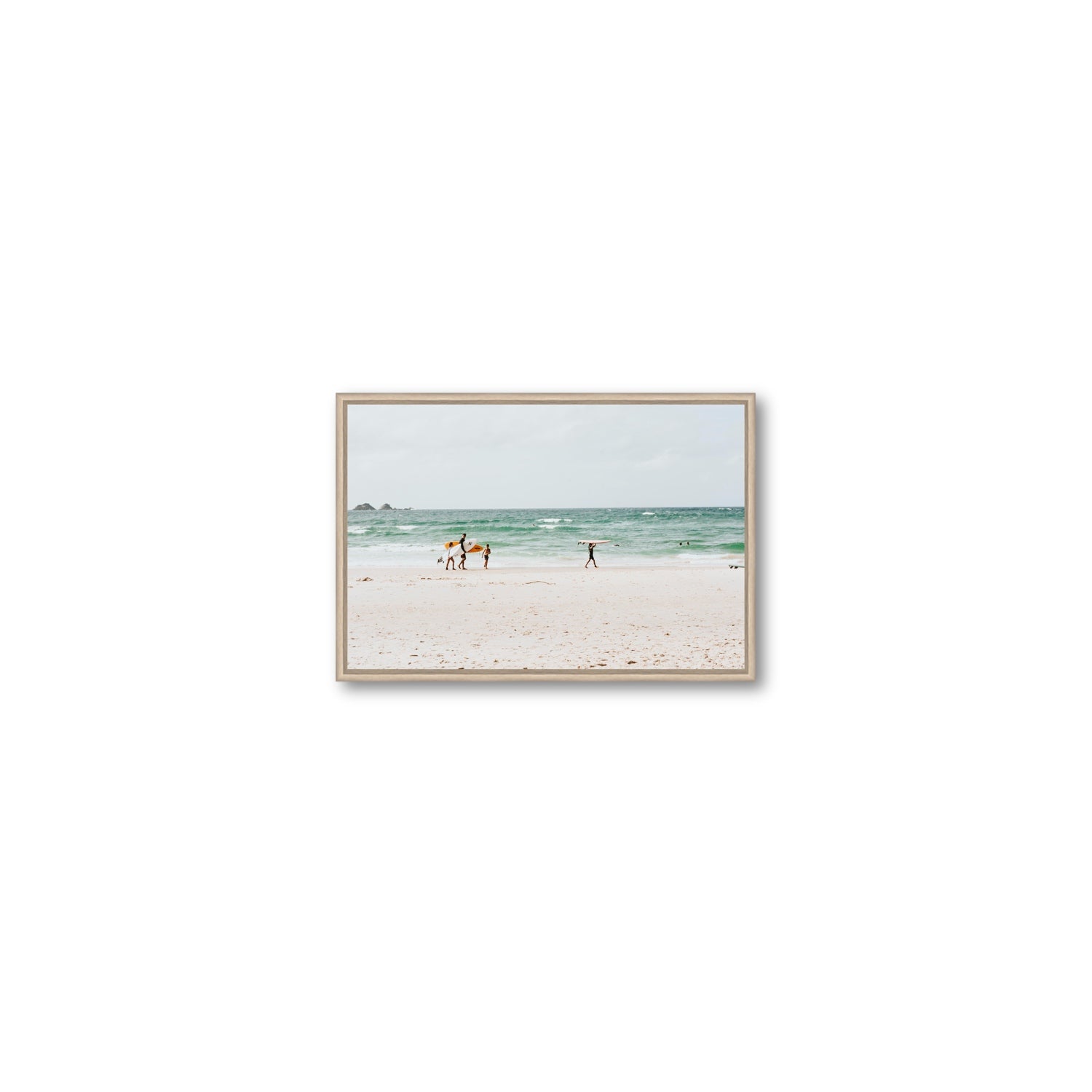 La Famiglia Byron Bay Family Surf coastal wall art Small fine art canvas in natural oak float frame
