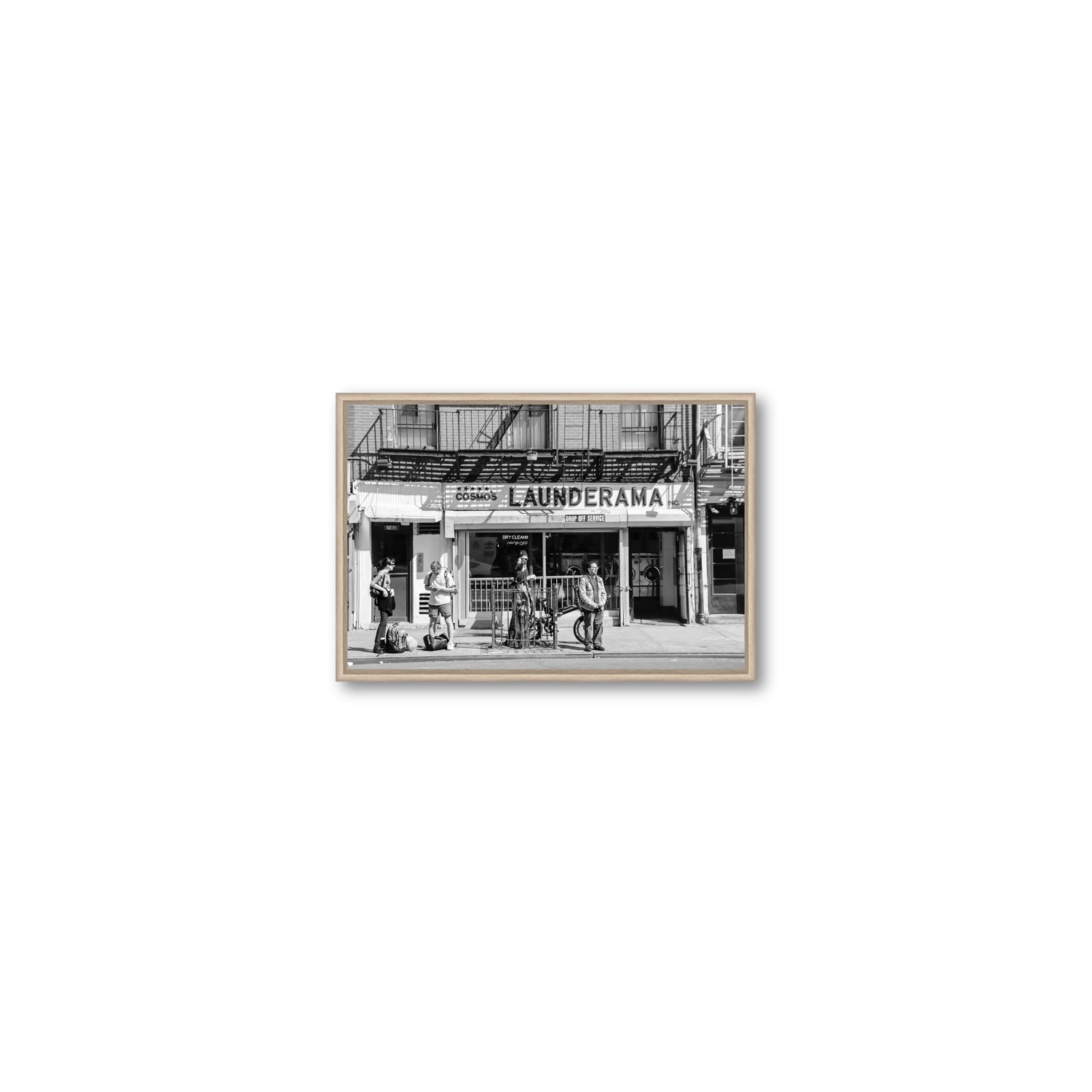 Launderama New York NYC Black & White wall art Small fine art canvas in natural oak float frame