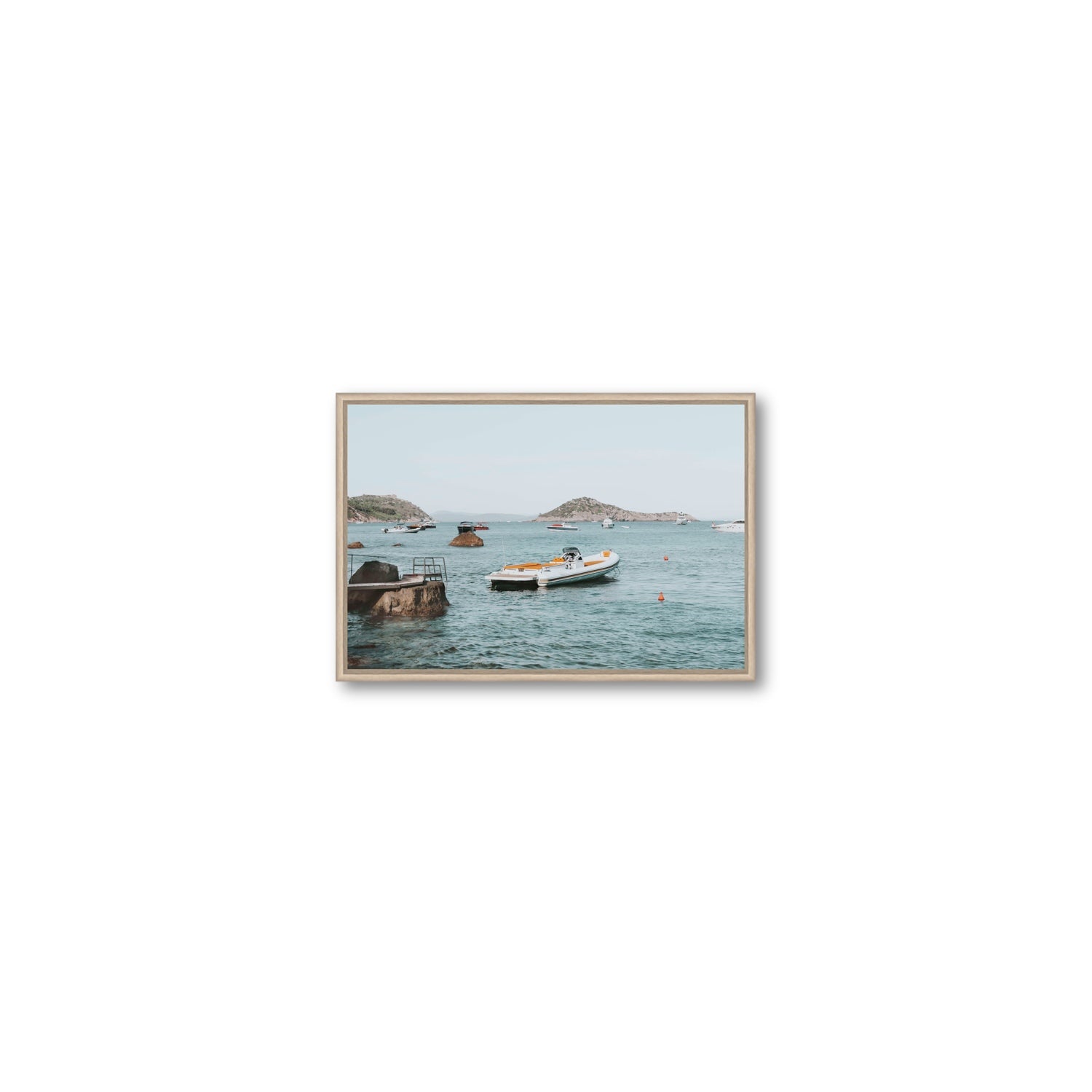 The Azure Sea Tuscany coastal Italian wall art Small fine art canvas in natural oak float frame