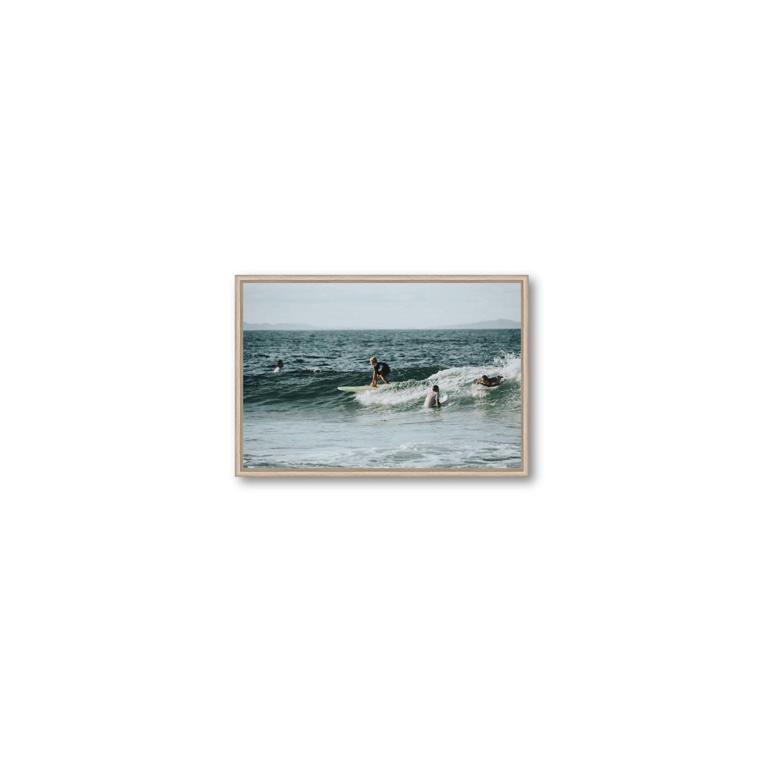 The Boys of Summer Byron Bay Surf coastal wall art Small fine art canvas in natural oak float frame