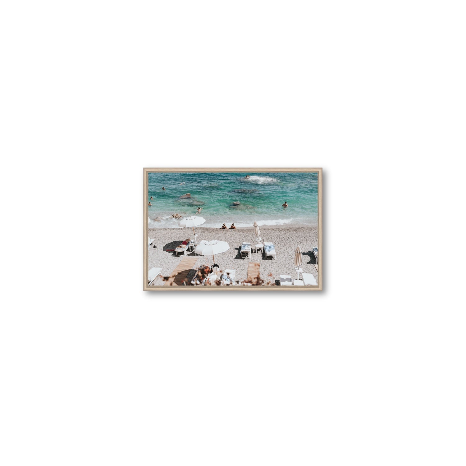 Amicizia Amalfi Italian beach wall art Small fine art canvas in natural oak float frame