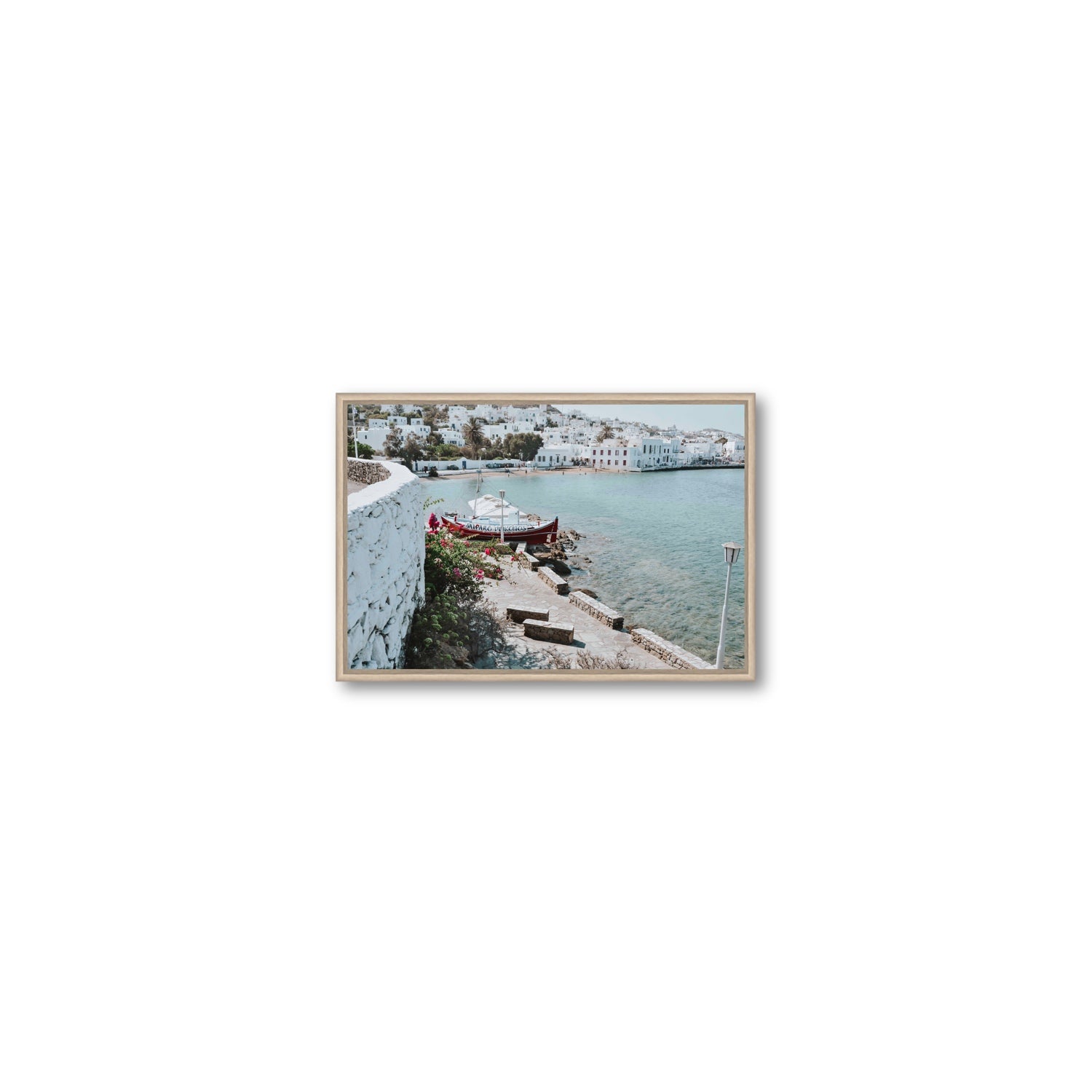 Harika Mykonos Greek island wall art Small fine art canvas in natural oak float frame
