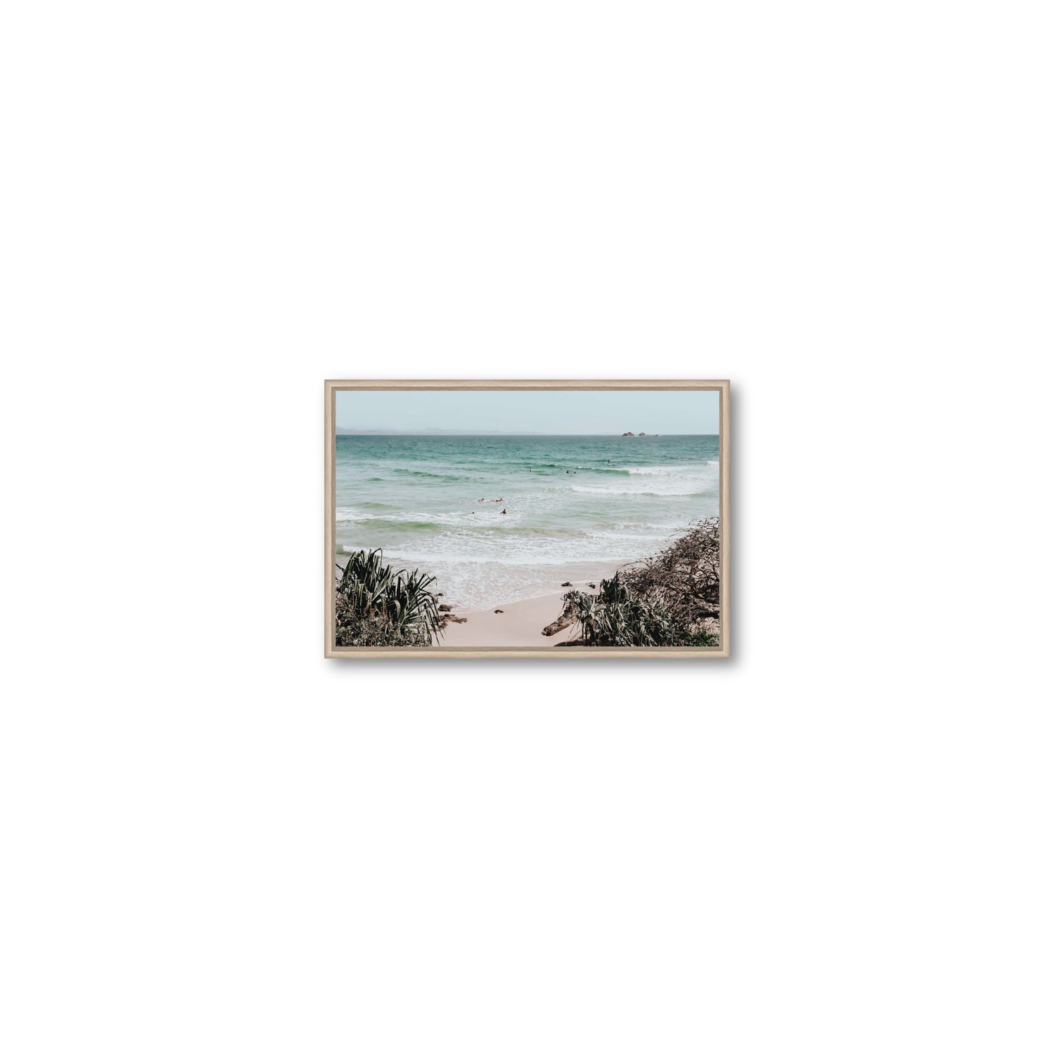 Surf City Byron Bay Surf coastal wall art Small fine art canvas in natural oak float frame