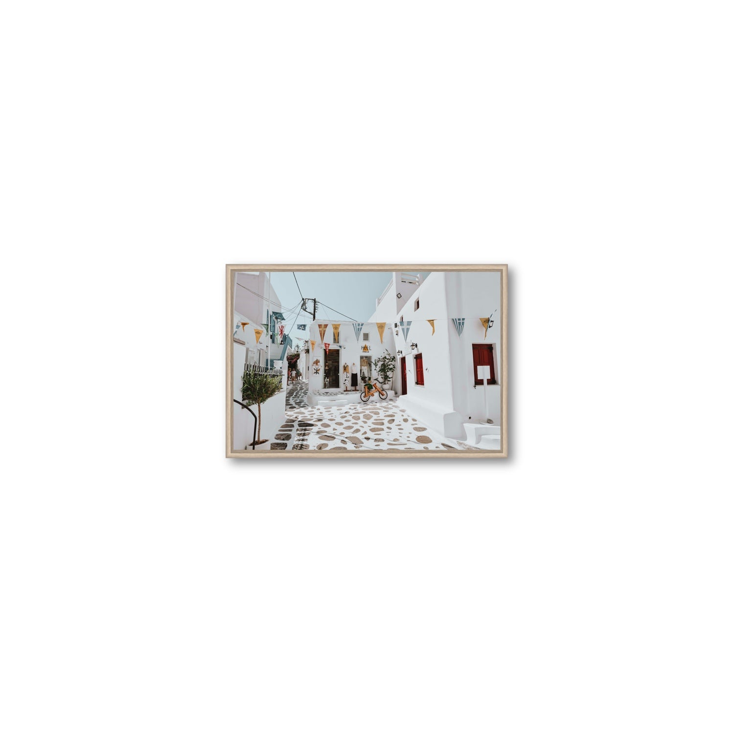 Cruising The Streets Mykonos Greek island wall art Small fine art canvas in natural oak float frame