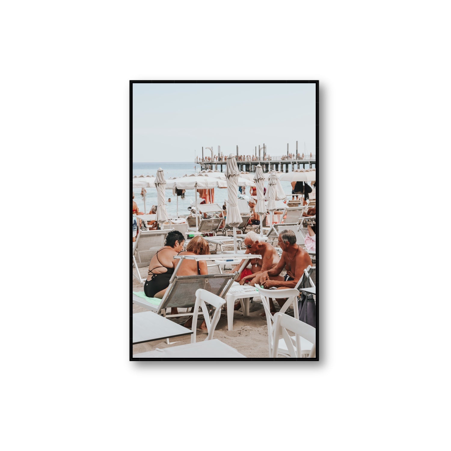 Salted Shuffle fine art print, Alassio, Italy, people and locals artwork, Extra Large, Black Float Frame, Fine Art Canvas