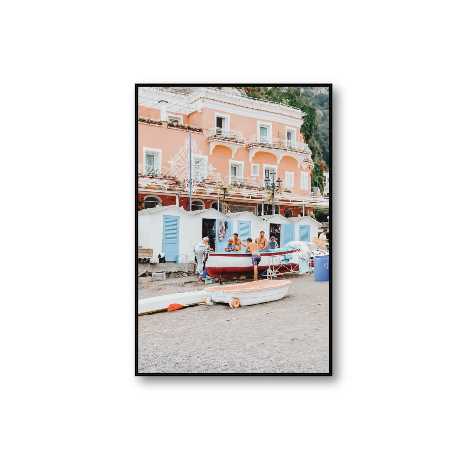 La Riunione della Mattina fine art print, Positano, Italy, Extra Large, Black Float Frame, Fine Art Canvas