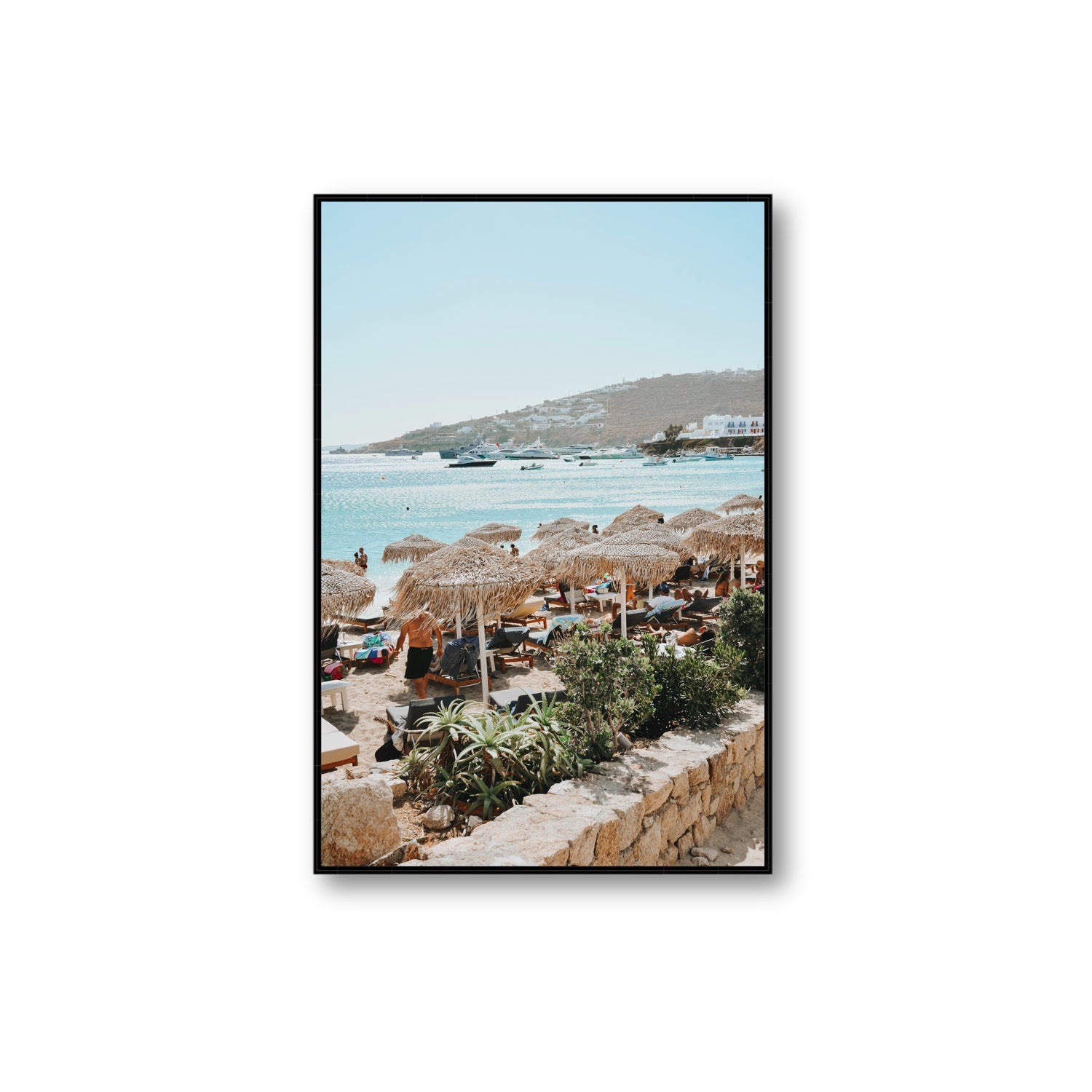 Beachside Huts Mykonos Greek island wall art Extra Large fine art canvas in black float frame