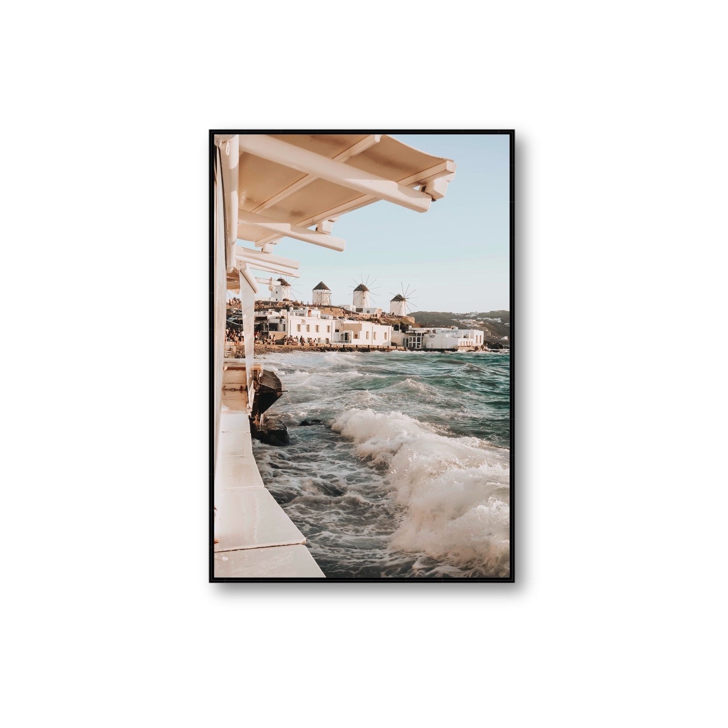 Windmills Mykonos Greek island wall art Extra Large fine art canvas in black float frame