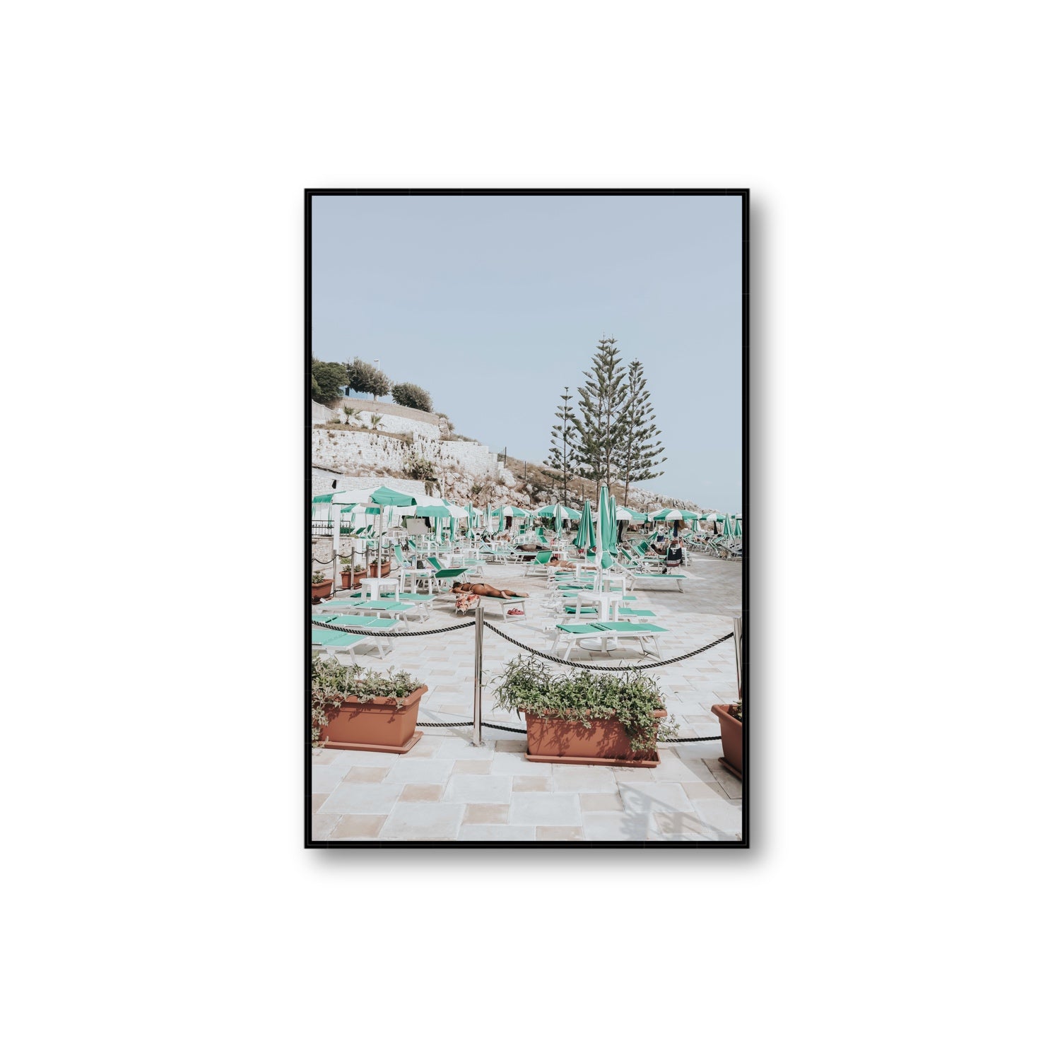 Siesta on The Terrace Puglia coastal wall art Extra Large fine art canvas in black float frame