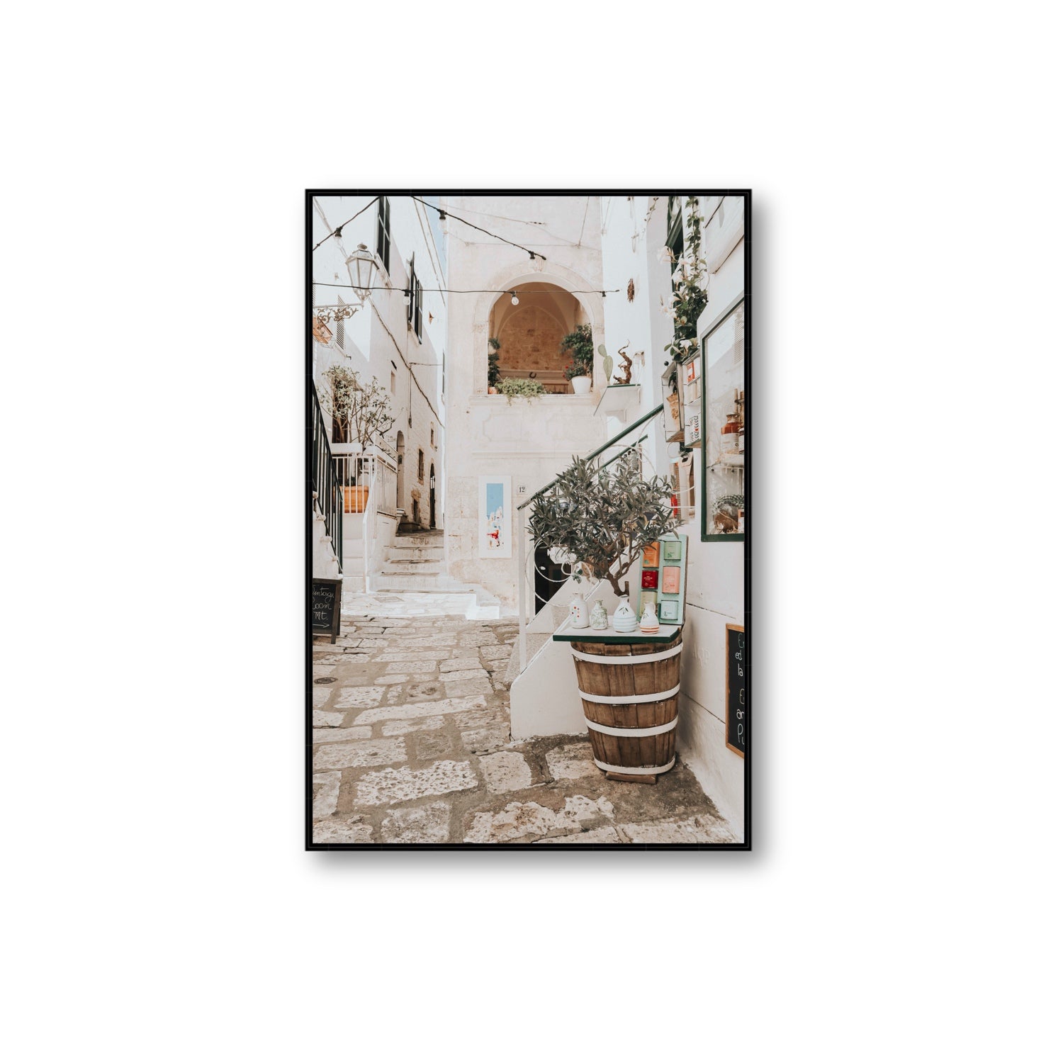 Olive Tree Lane Puglia Ostuni Mediterranean decor wall art Extra Large fine art canvas in black float frame