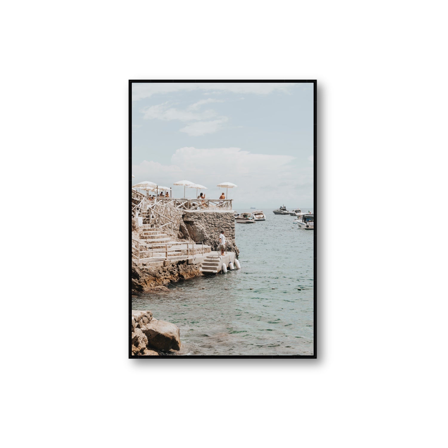 Pier Patrol fine art print, Nerano, Italy, Extra Large, Black Float Frame, Fine Art Canvas