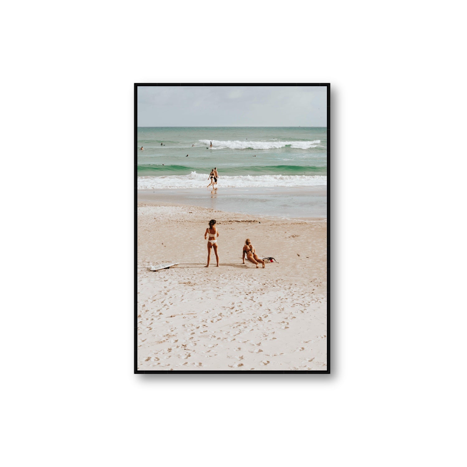 Gidget & Betty Byron Bay beach coastal wall art Extra Large fine art canvas in black float frame