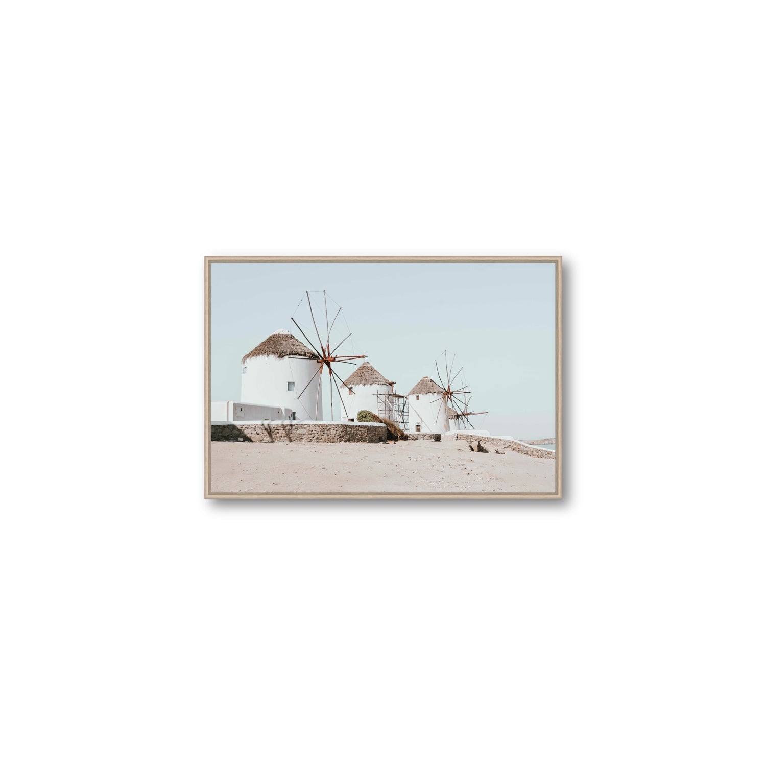 Rustic Icons Mykonos Greek island wall art Medium fine art canvas in natural oak float frame