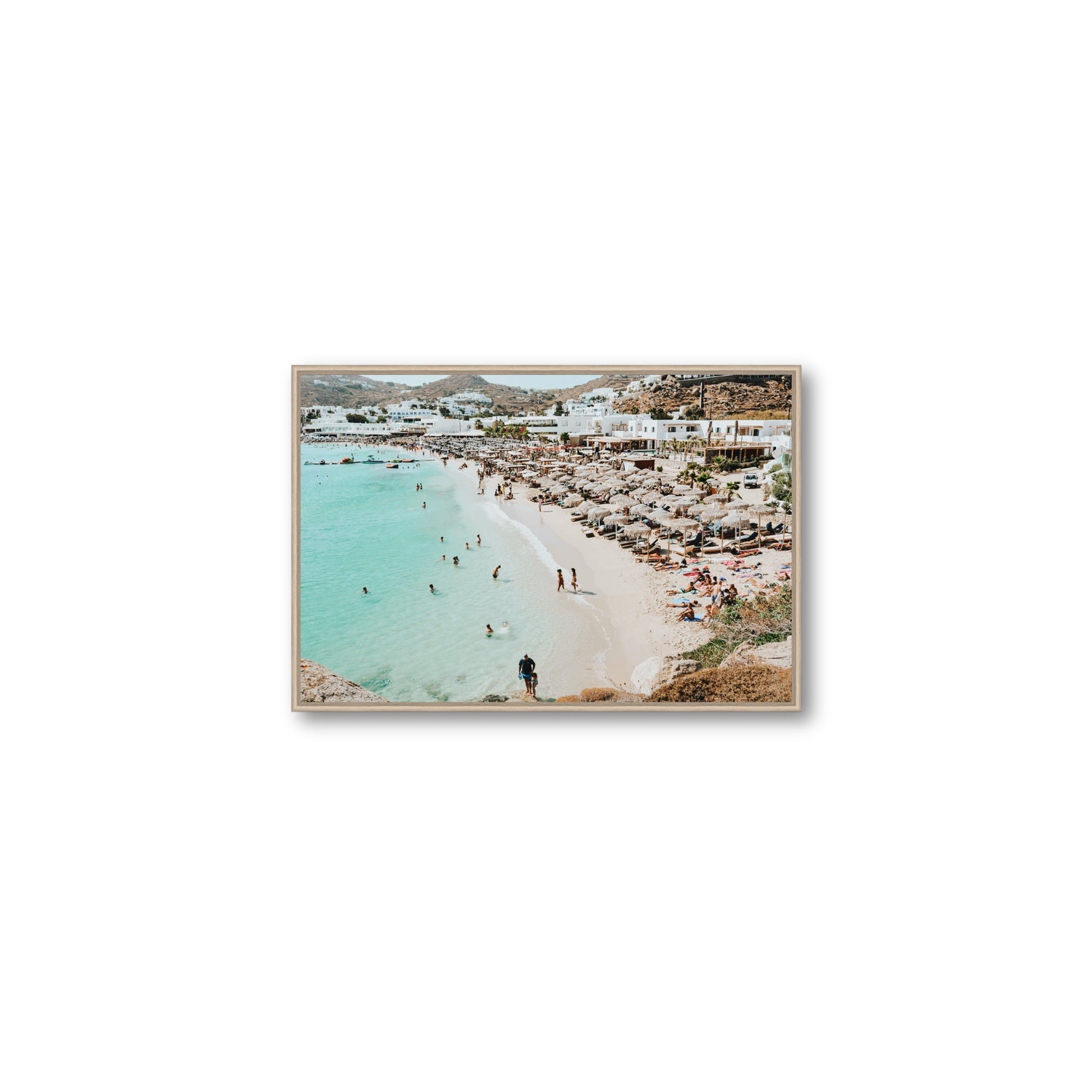 Aquaholic Mykonos Greek island wall art Medium fine art canvas in natural oak float frame