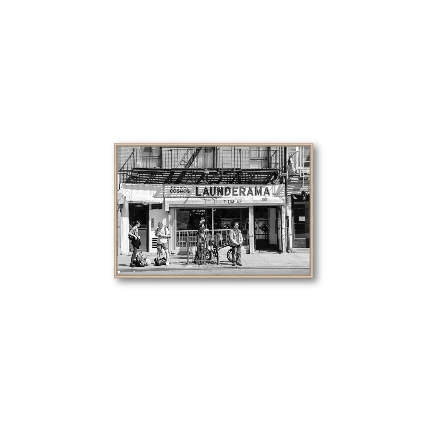 Launderama New York NYC Black & White wall art Medium fine art canvas in natural oak float frame
