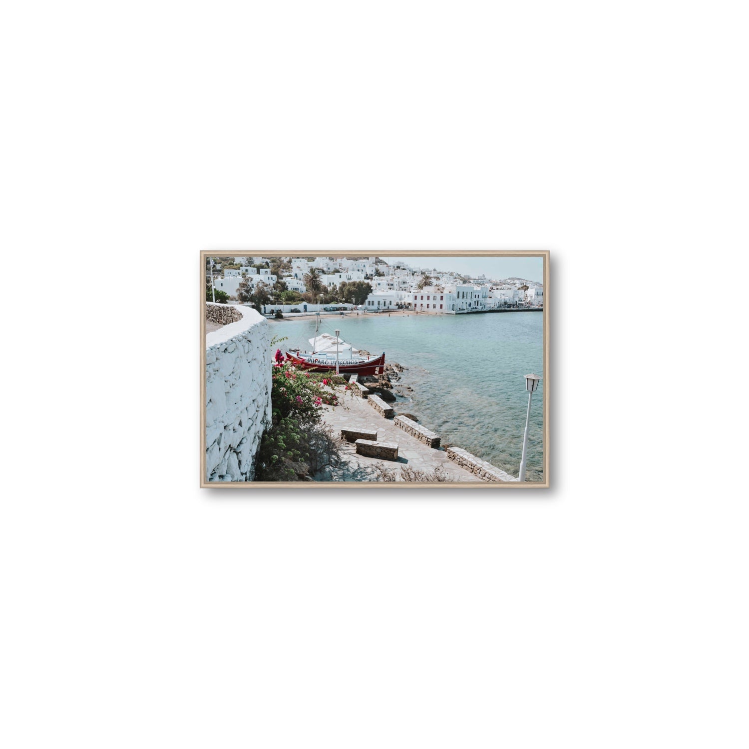 Harika Mykonos Greek island wall art Medium fine art canvas in natural oak float frame