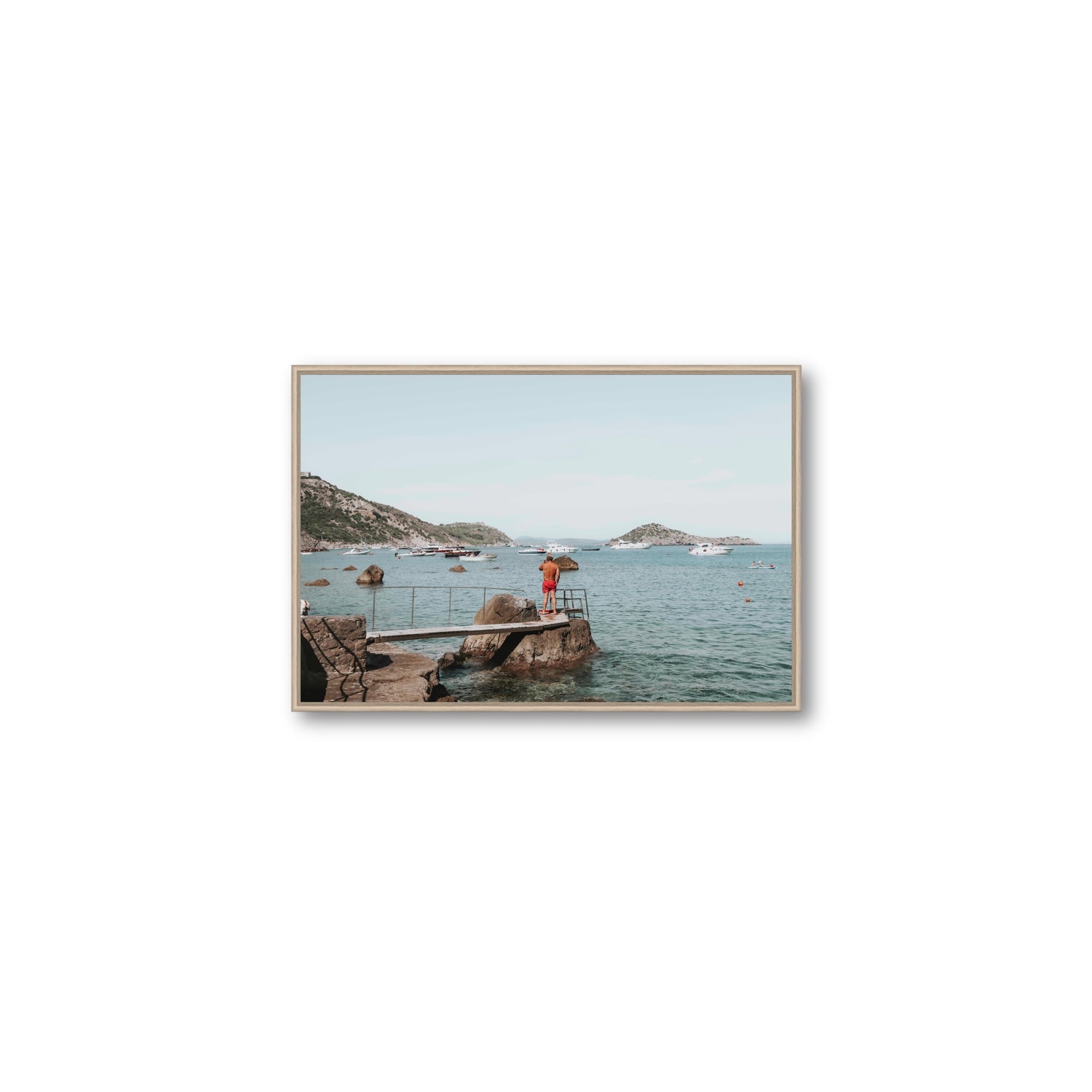 Out Of Office Tuscany coastal Italian wall art Medium fine art canvas in natural oak float frame