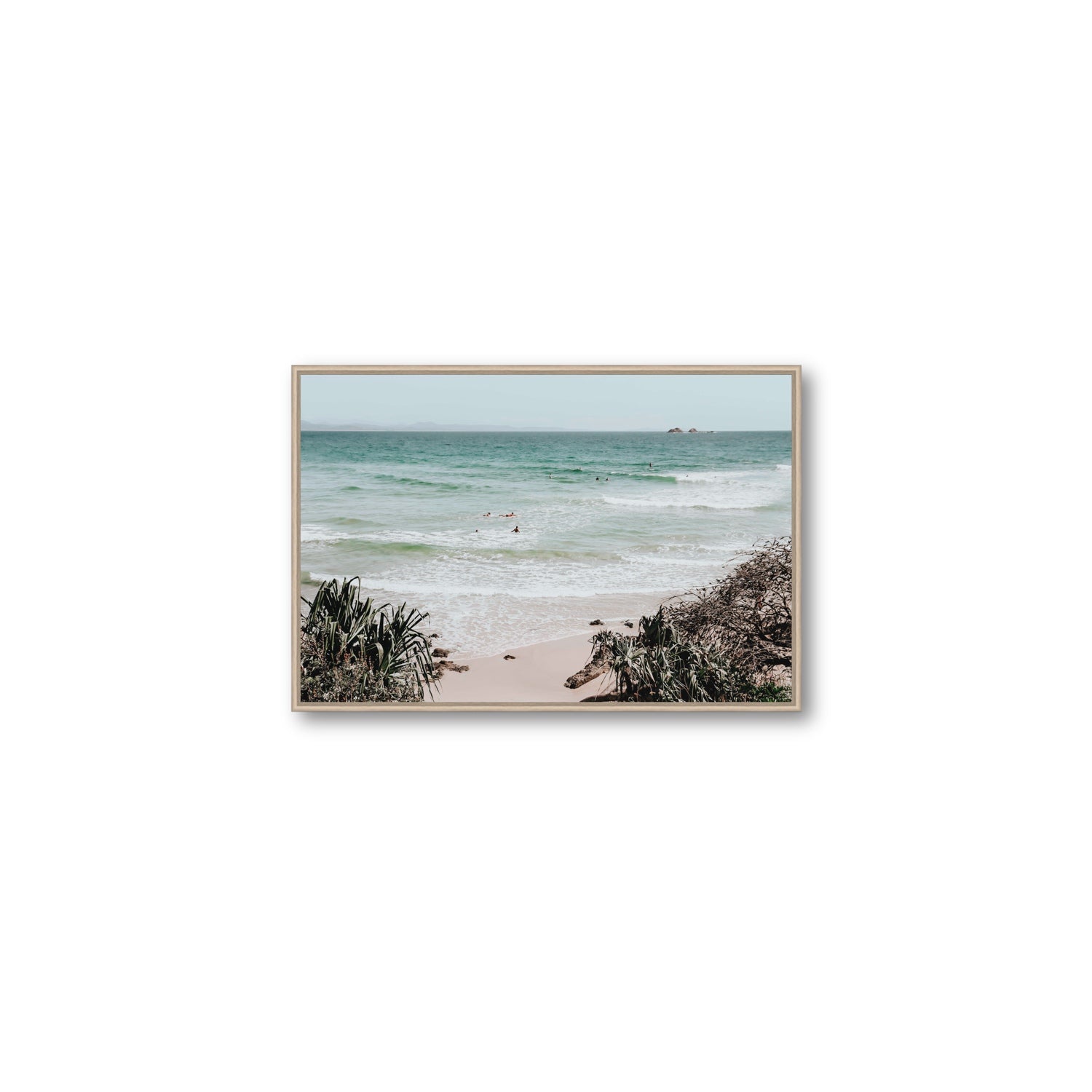 Surf City Byron Bay Surf coastal wall art Medium fine art canvas in natural oak float frame