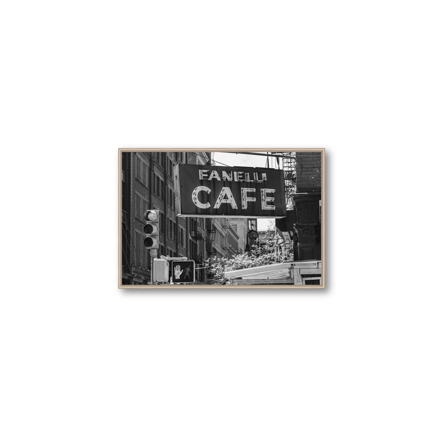 Soho Neon New York NYC Black & White wall art Medium fine art canvas in natural oak float frame