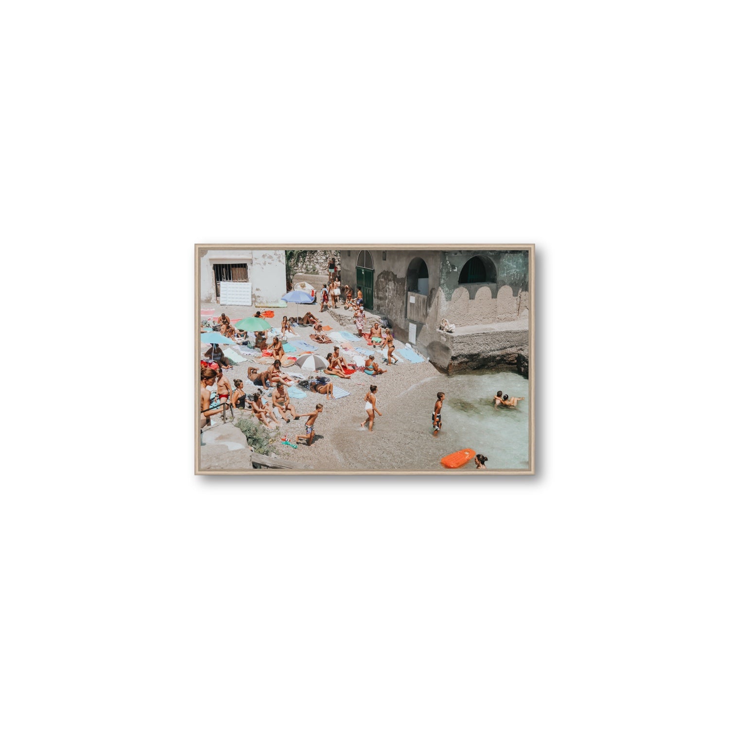 Heatwave Capri beach coastal wall art Medium fine art canvas in natural oak float frame