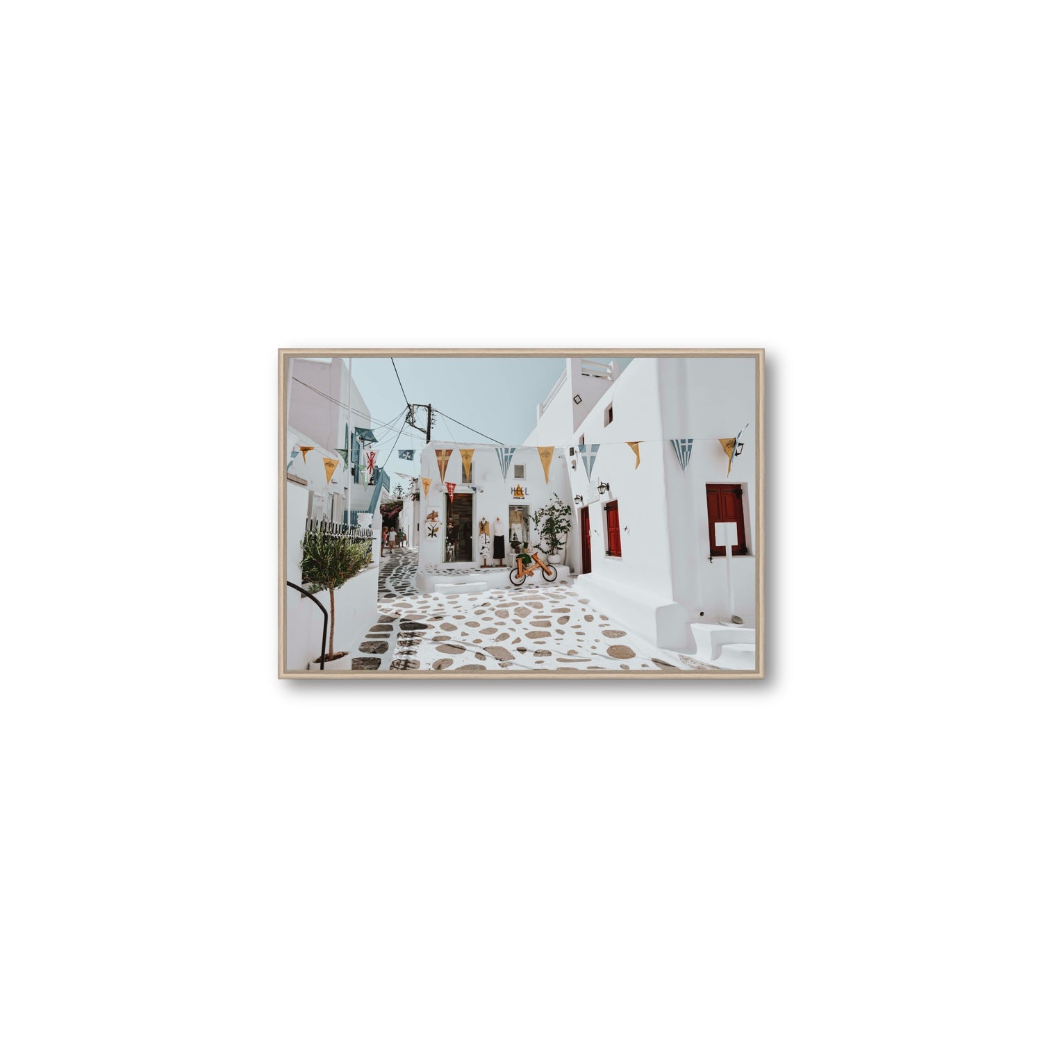 Cruising The Streets Mykonos Greek island wall art Medium fine art canvas in natural oak float frame