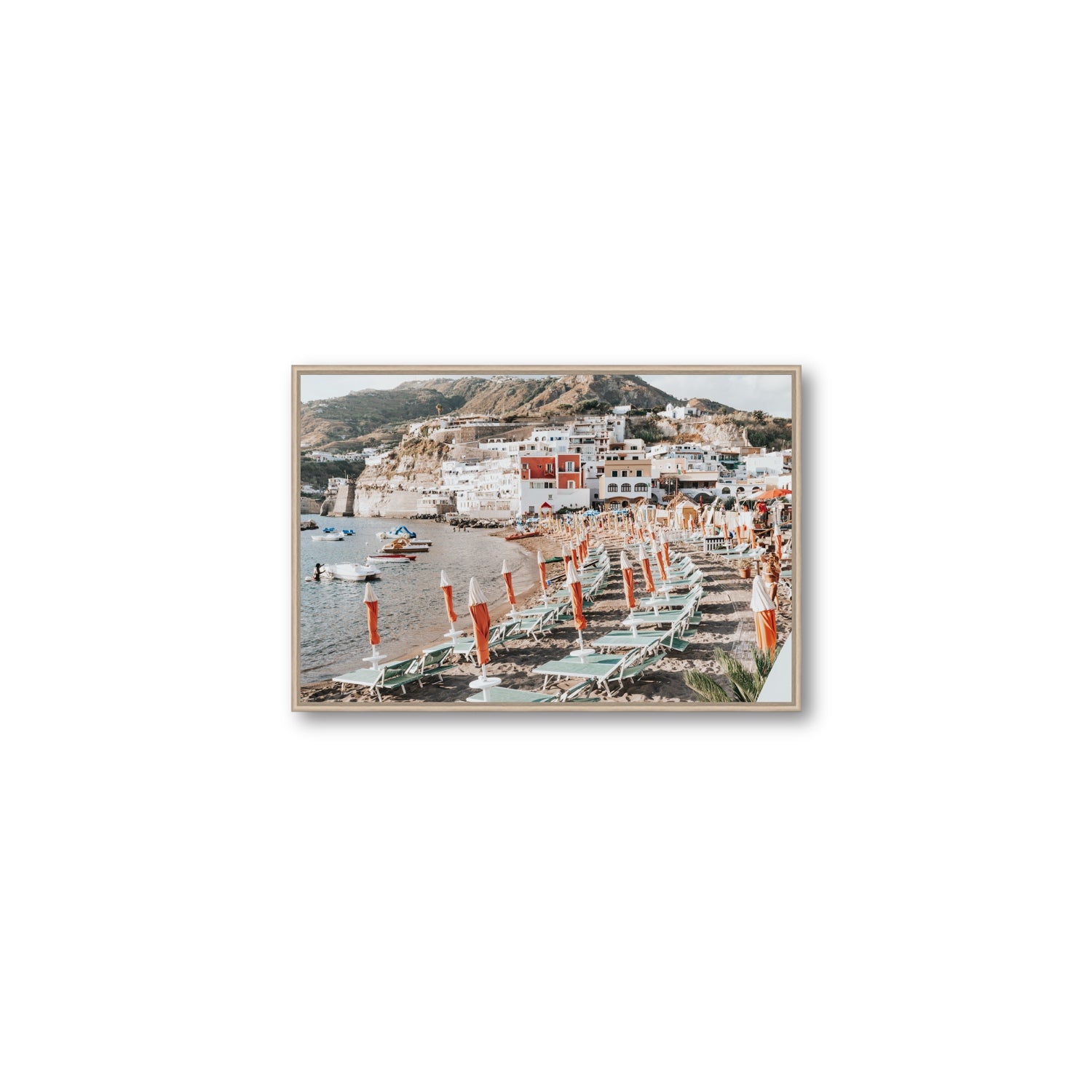 Sole Estivo Ischia Italian coastal wall art Medium fine art canvas in natural oak float frame