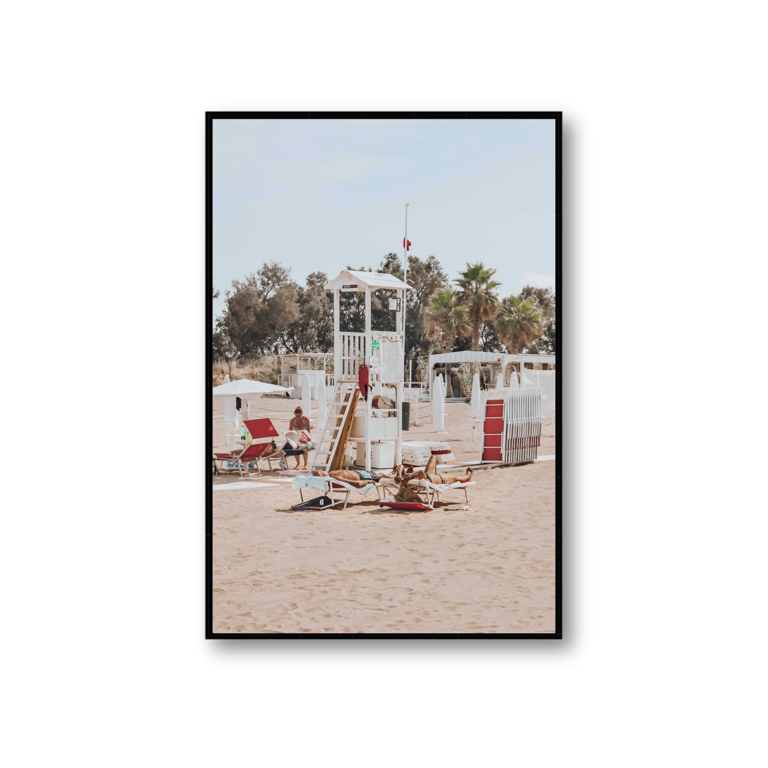 Red Lounge Reverie Puglia beach coastal wall art Giant fine art canvas in black float frame