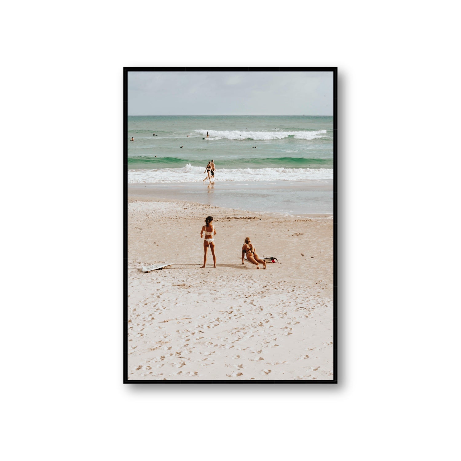 Gidget & Betty Byron Bay beach coastal wall art Giant fine art canvas in black float frame