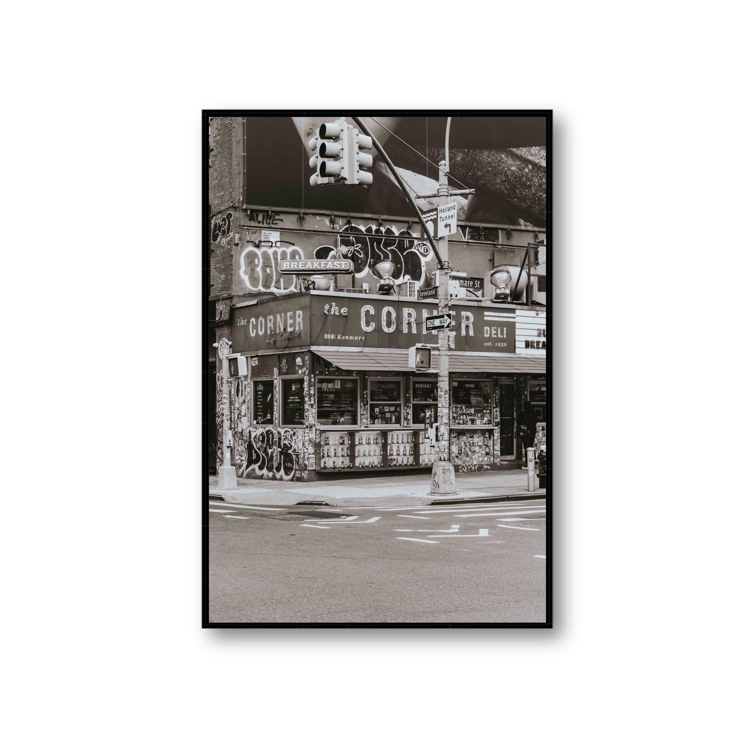 Soho Deli New York NYC Black & White wall art Giant fine art canvas in black float frame