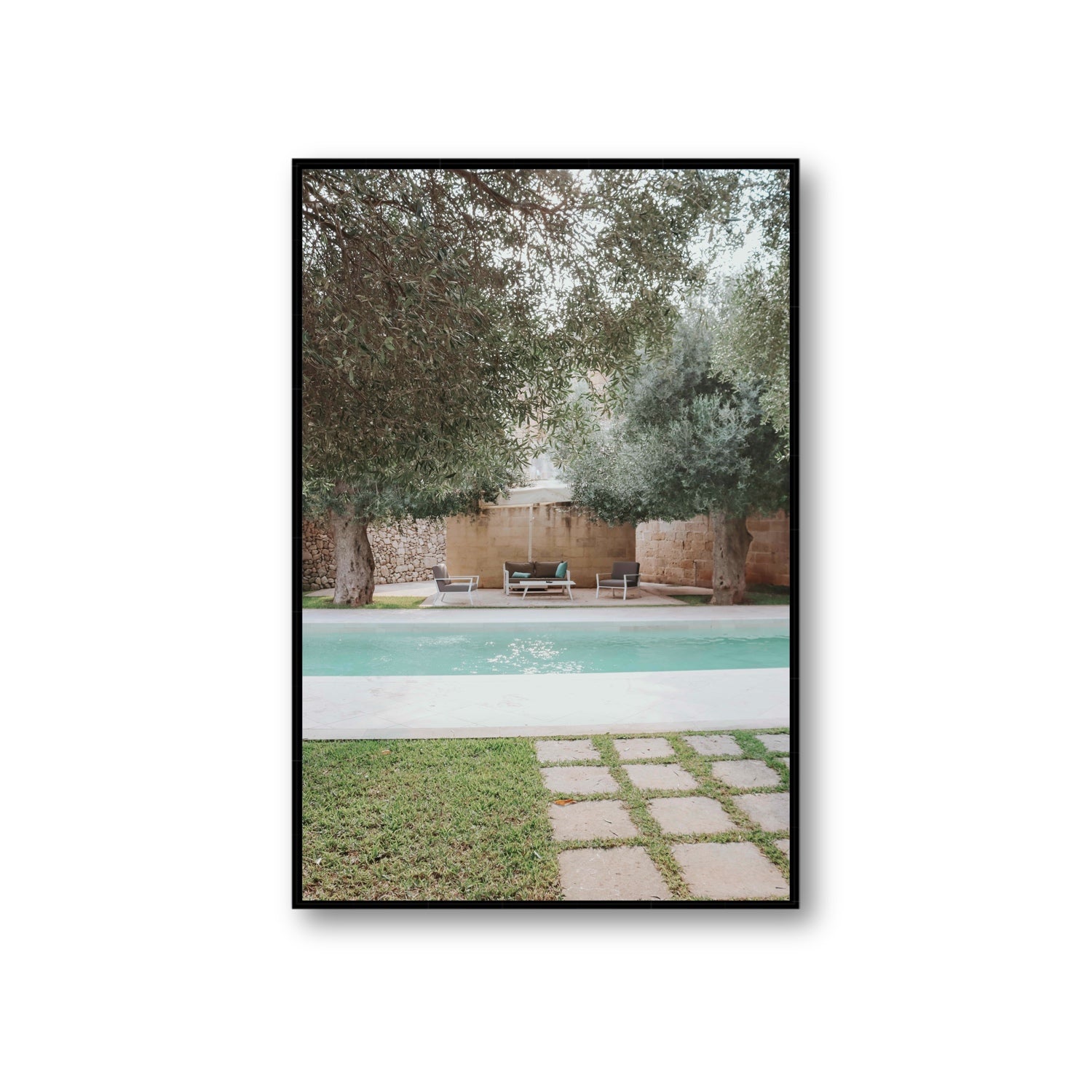 Idyllic Escape Puglia Mediterranean wall art Giant fine art canvas in black float frame
