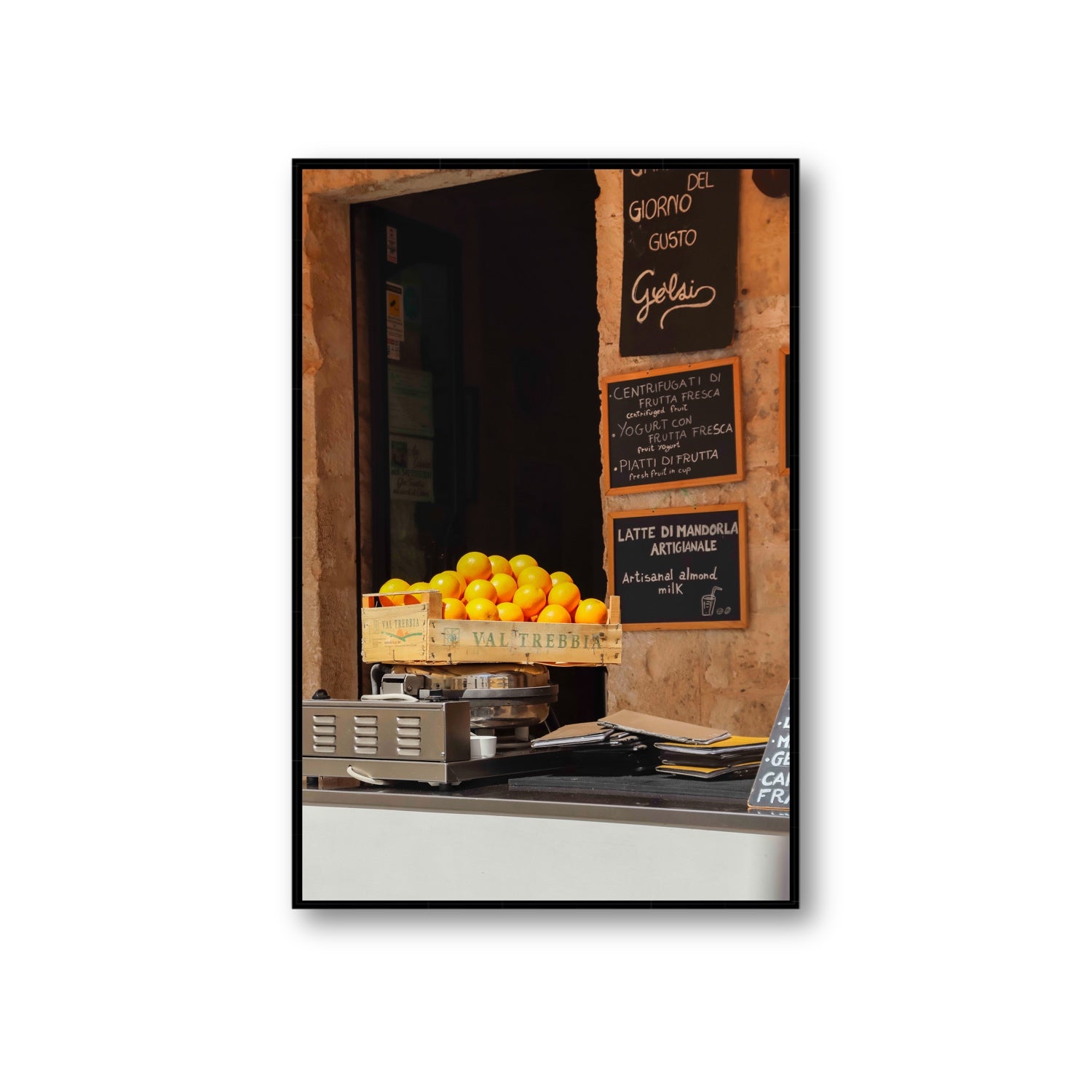 Luminous Citrus Puglia Ostuni Italian wall art Giant fine art canvas in black float frame
