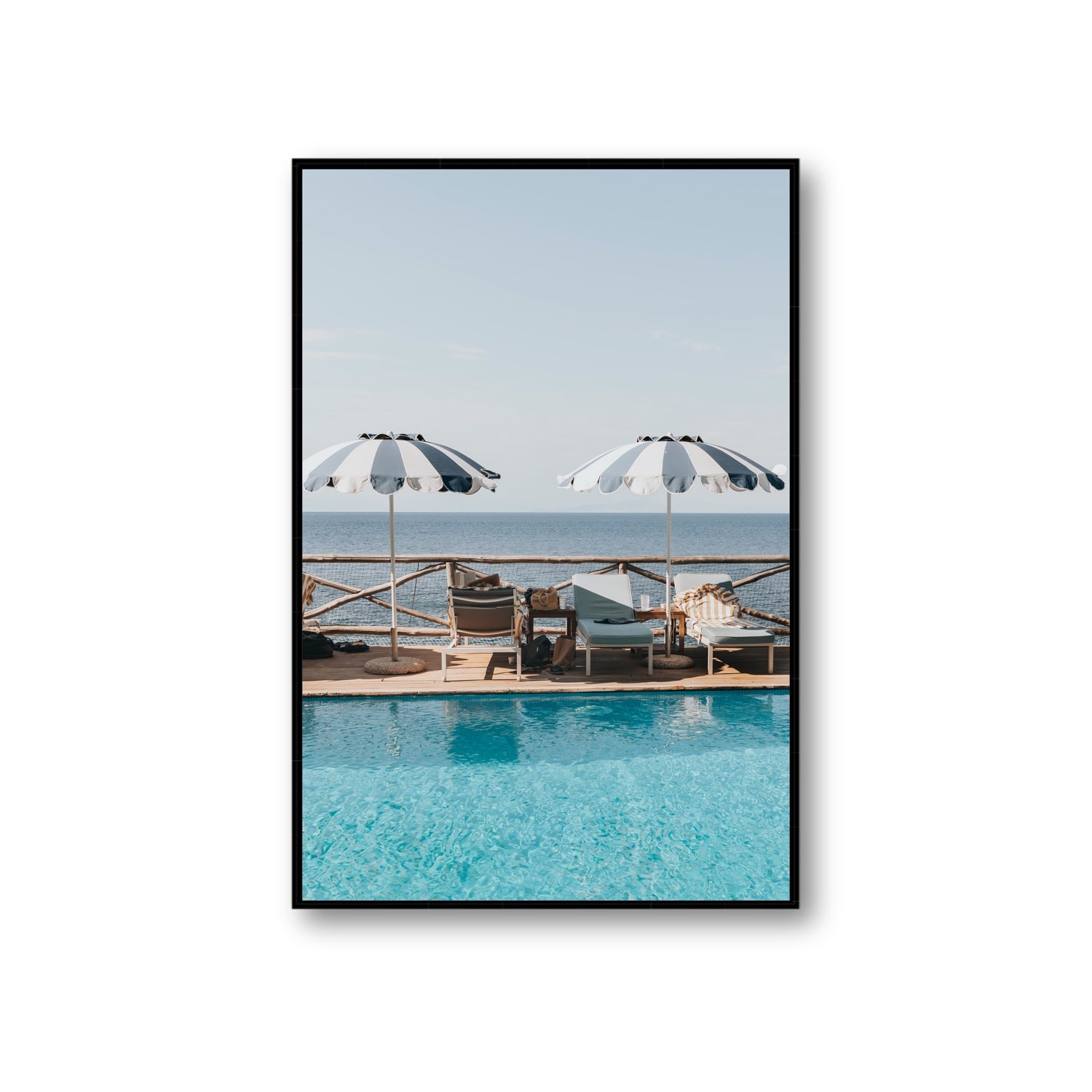 Beach Retreat fine art print, Ischia, Italy, european beach clubs artwork, Giant, Black Float Frame, Fine Art Canvas
