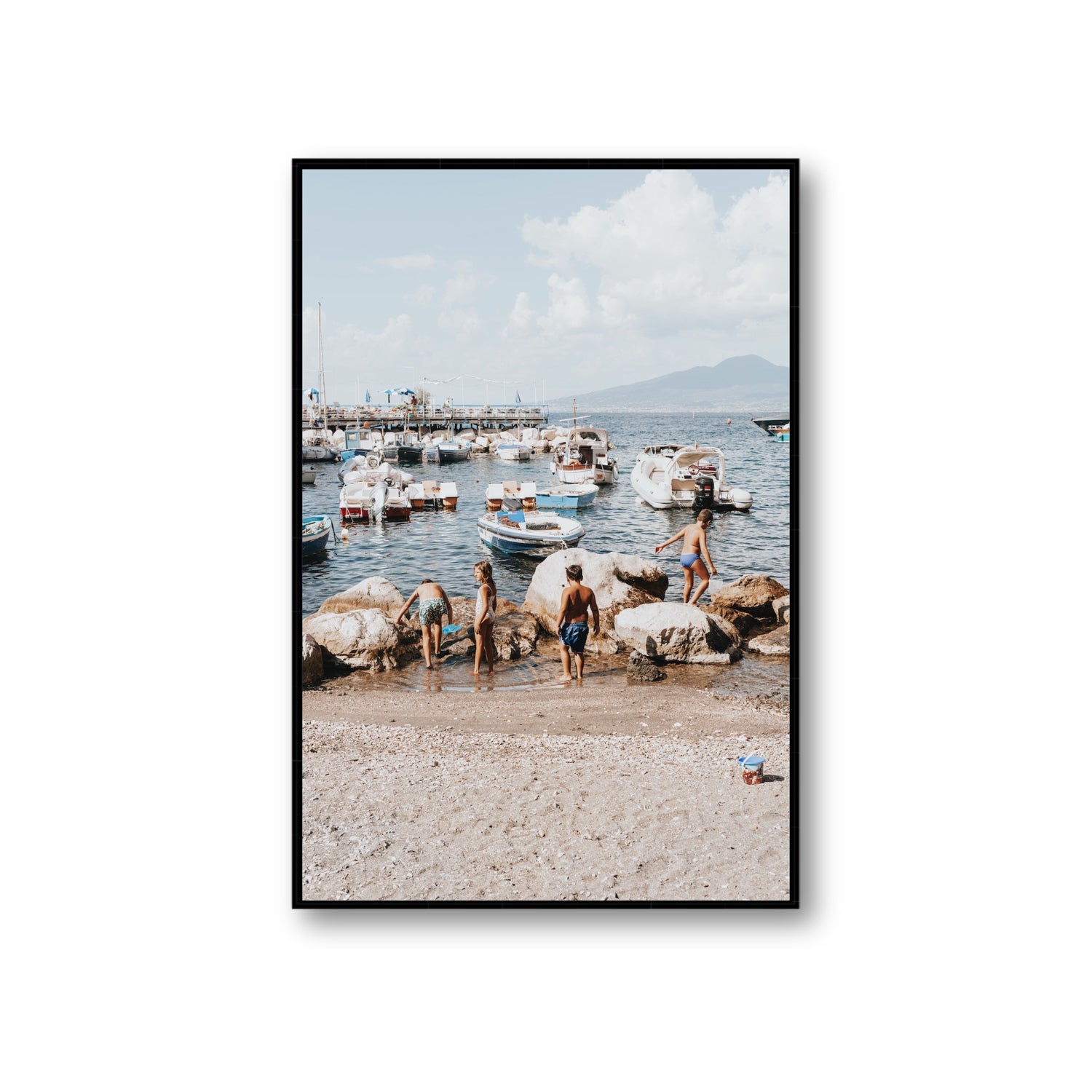 Searching For Treasures Sorrento coastal wall art Giant fine art canvas in black float frame
