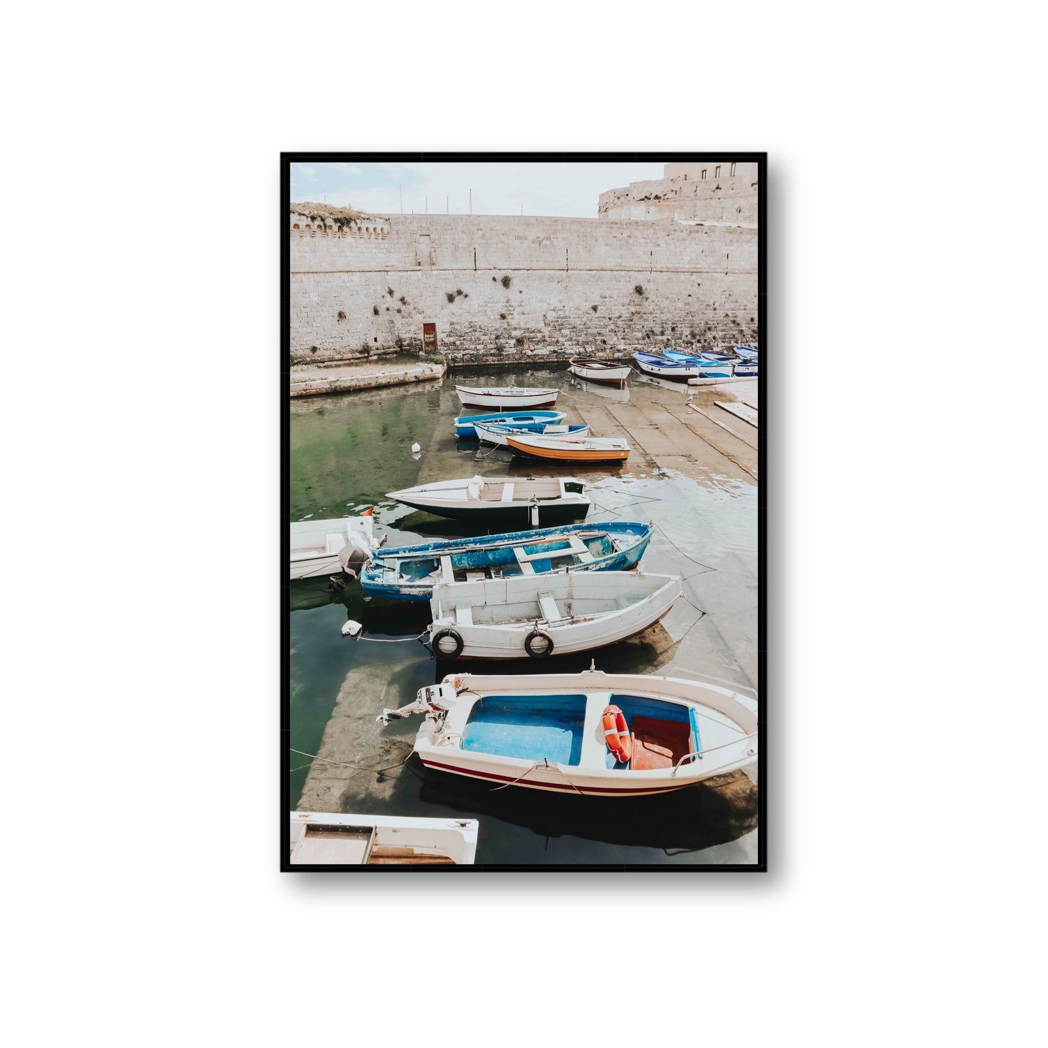 Harbour Palette Puglia coastal photography wall art Giant fine art canvas in black float frame