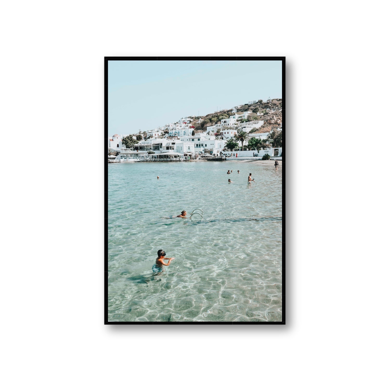 Beside The Seaside Mykonos beach Greek island wall art Giant fine art canvas in black float frame