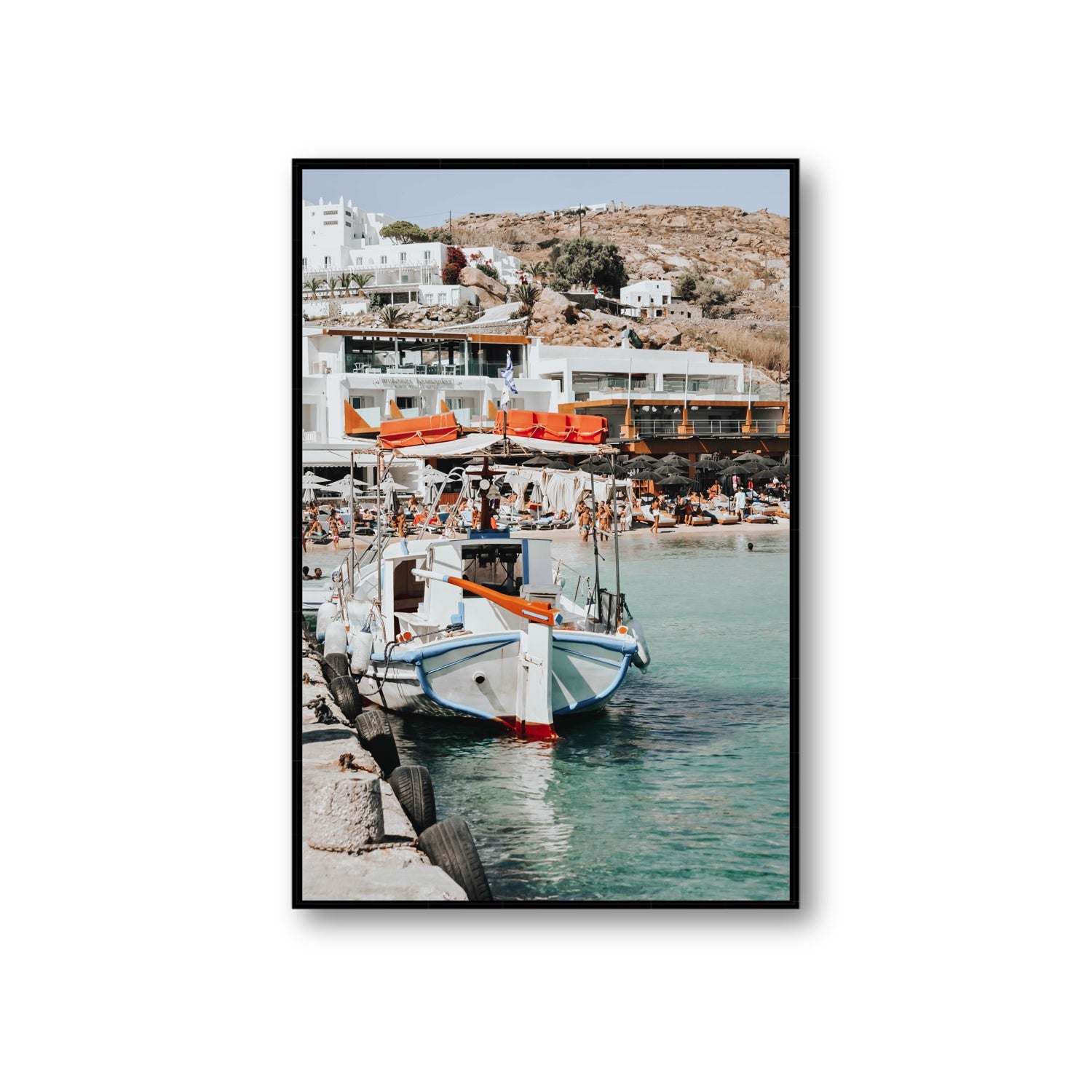 Travel In Style Mykonos Greek island wall art Giant fine art canvas in black float frame