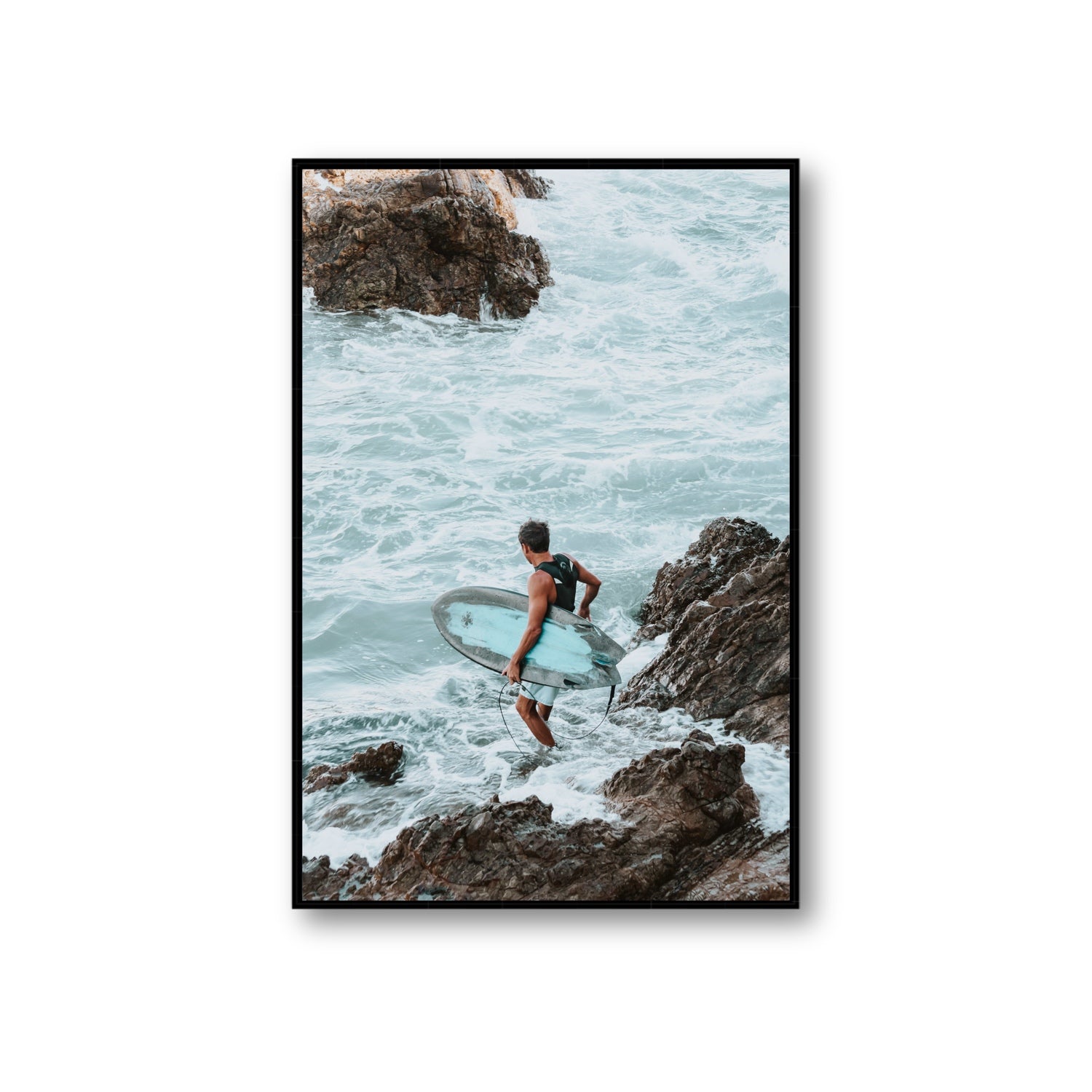 Into The Soup Byron Bay Surf coastal wall art Giant fine art canvas in black float frame