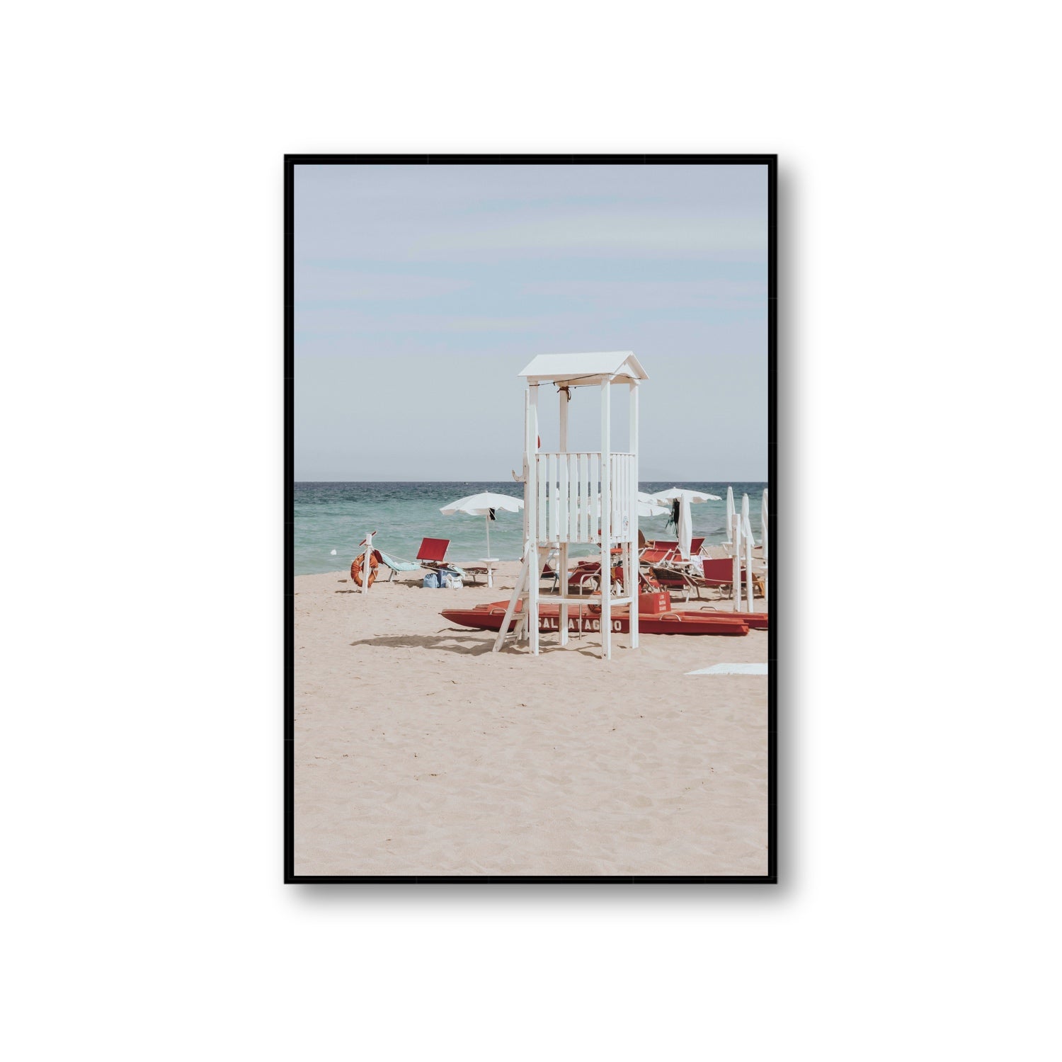 Barefoot Bliss Puglia beach Italian coastal decor wall art Giant fine art canvas in black float frame