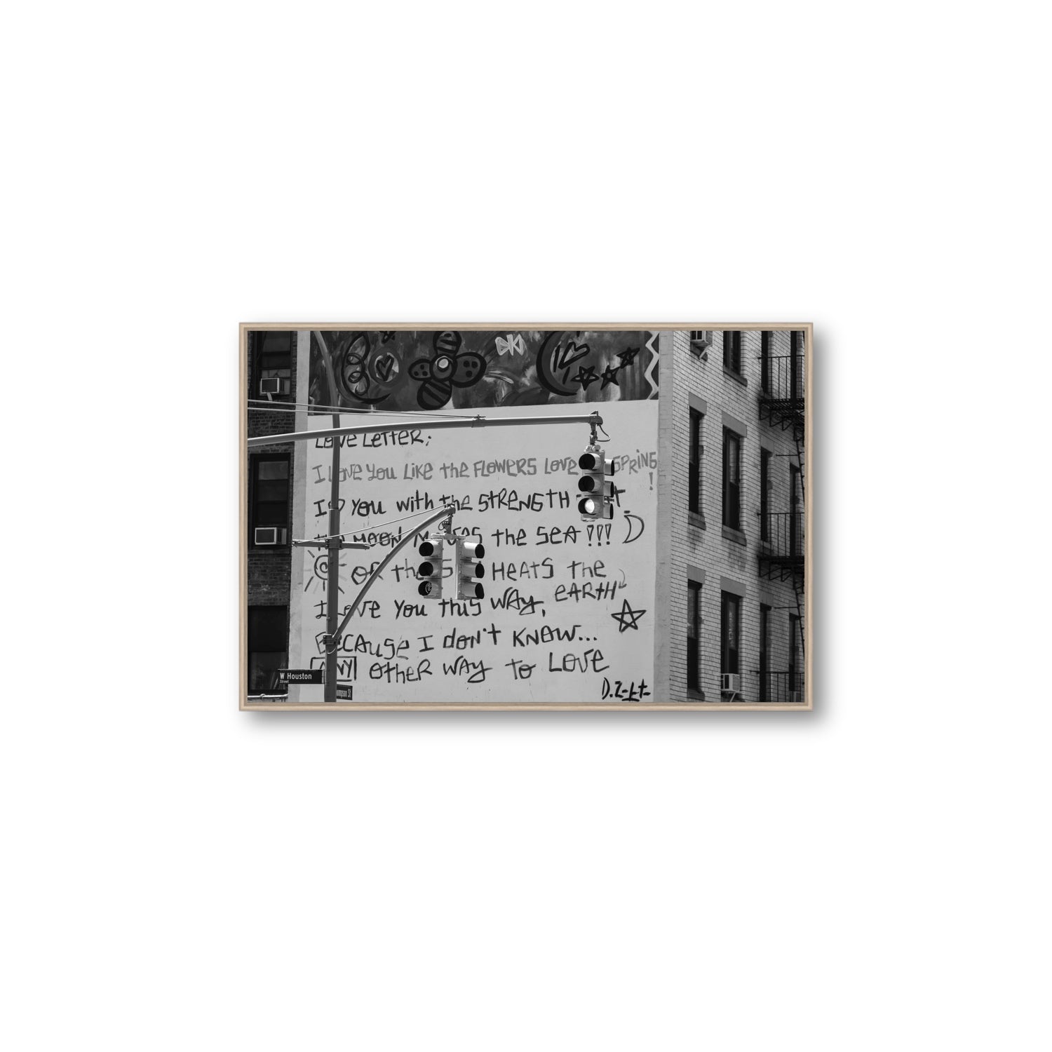 Love Letter New York NYC Black & White wall art Large fine art canvas in natural oak float frame