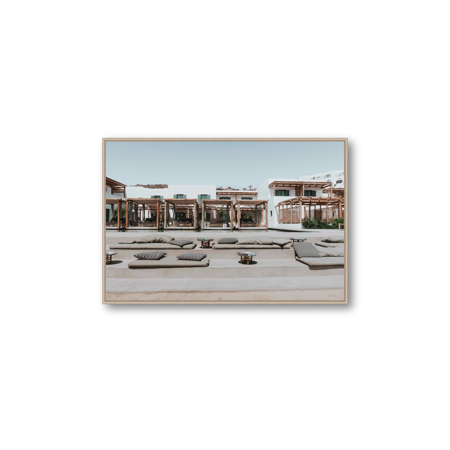 Platis Gialos fine art print, Mykonos, Greece, Large, Natural Oak Float Frame, Fine Art Canvas
