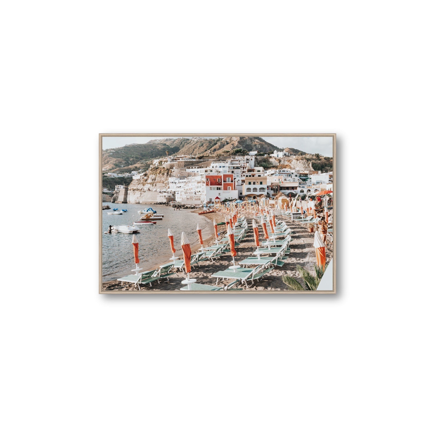 Sole Estivo Ischia Italian coastal wall art Large fine art canvas in natural oak float frame