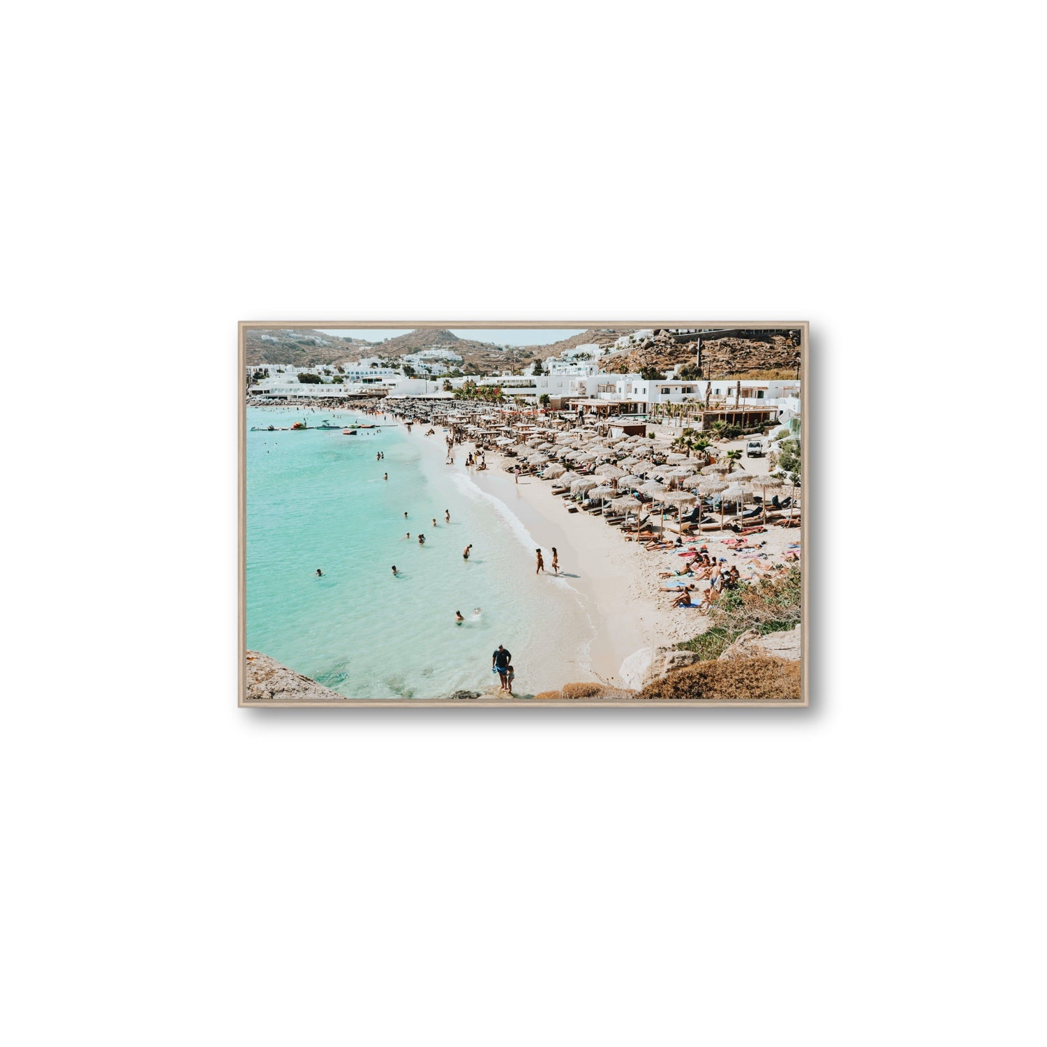 Aquaholic Mykonos Greek island wall art Large fine art canvas in natural oak float frame