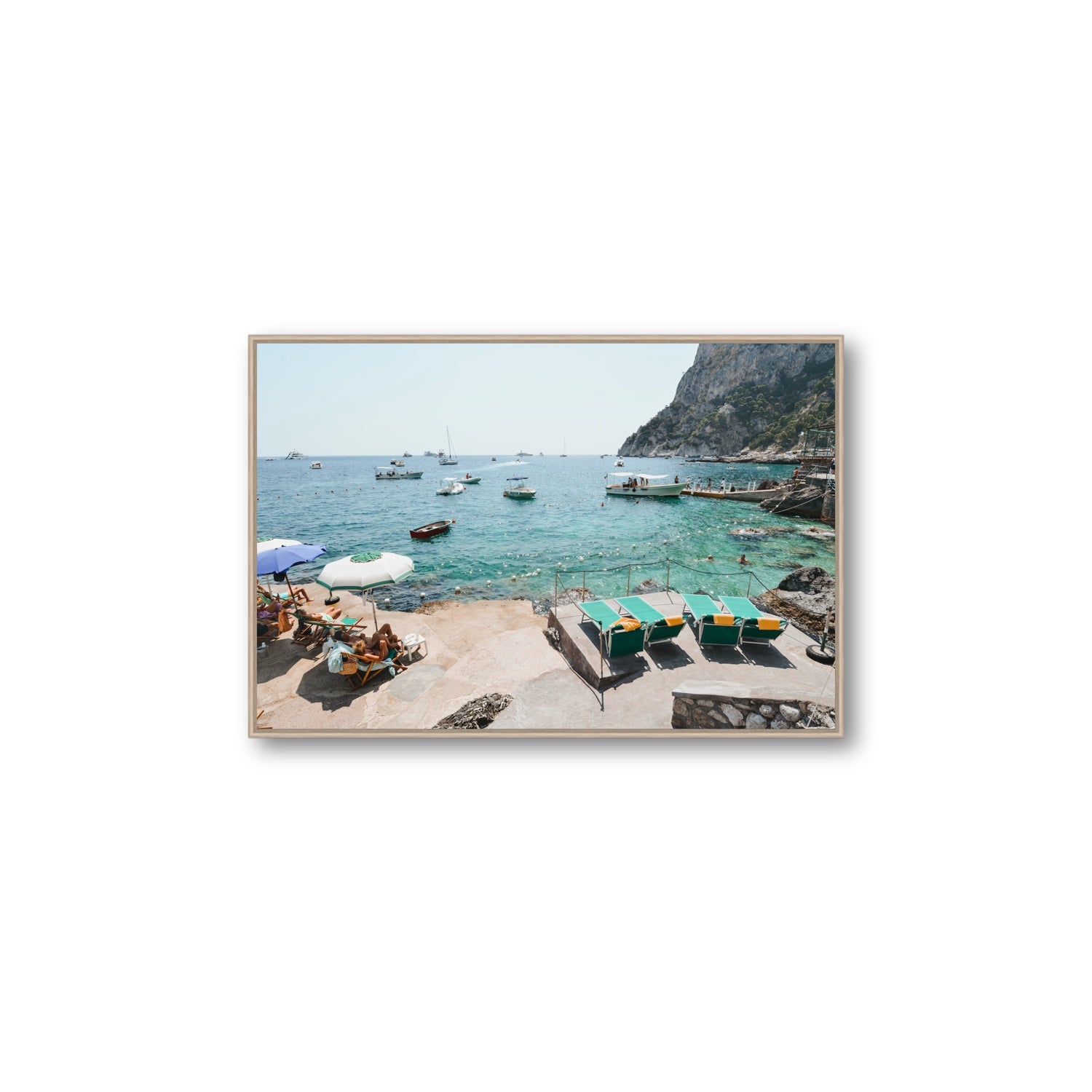 Save Me A Seat Capri Mediterranean wall art Large fine art canvas in natural oak float frame