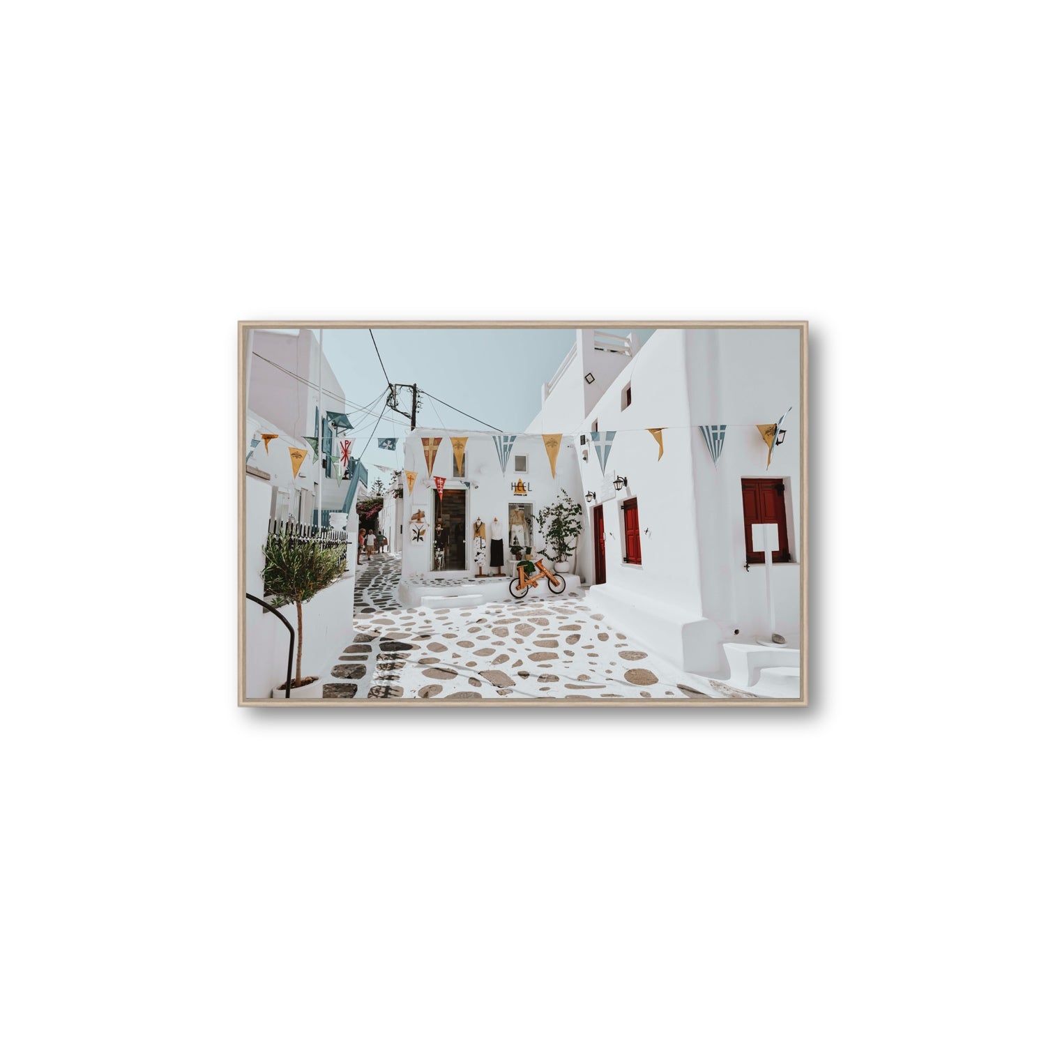 Cruising The Streets Mykonos Greek island wall art Large fine art canvas in natural oak float frame