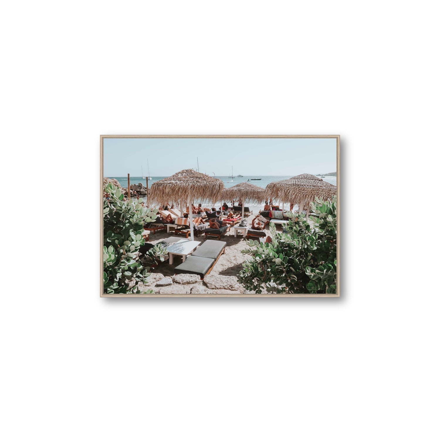 Greek Haven Mykonos Greek island coastal wall art Large fine art canvas in natural oak float frame